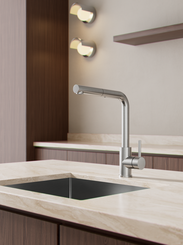 Zen Sanitary køkkenarmatur, udtrækstud, børstet rustfrit stål