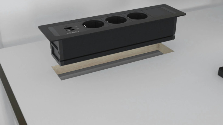Deltaco indbygget stikkontakt, 3 stik, A+C USB-oplader, sort