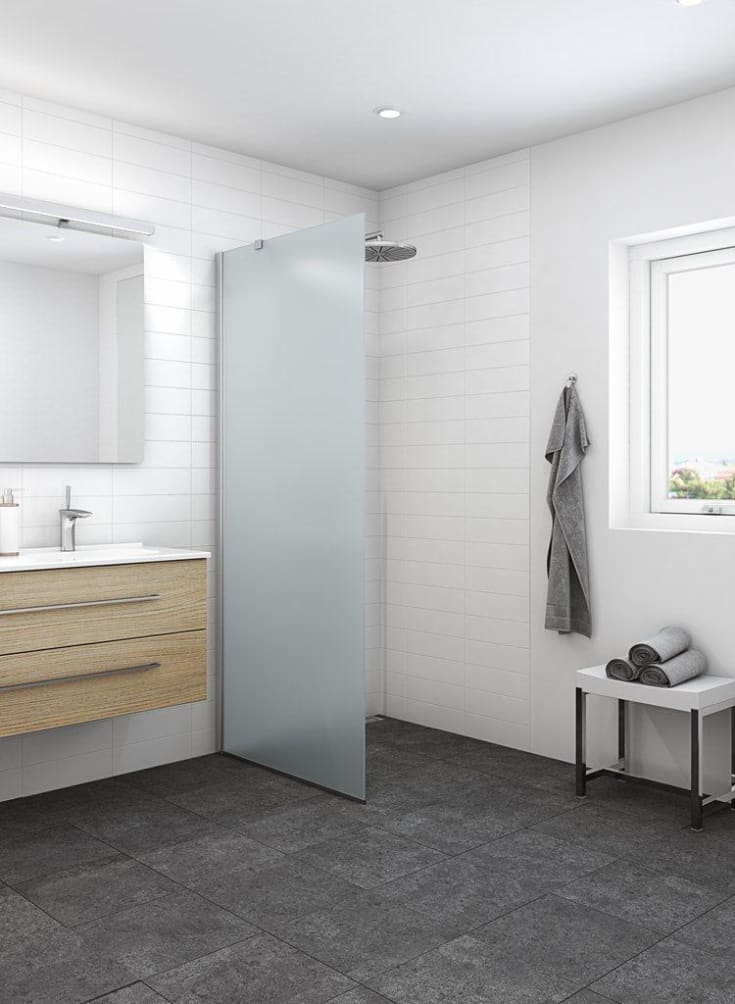 Dansani Match duschvägg, modell D+stabiliseringsarm, 97 cm, frostat glas, satin profil