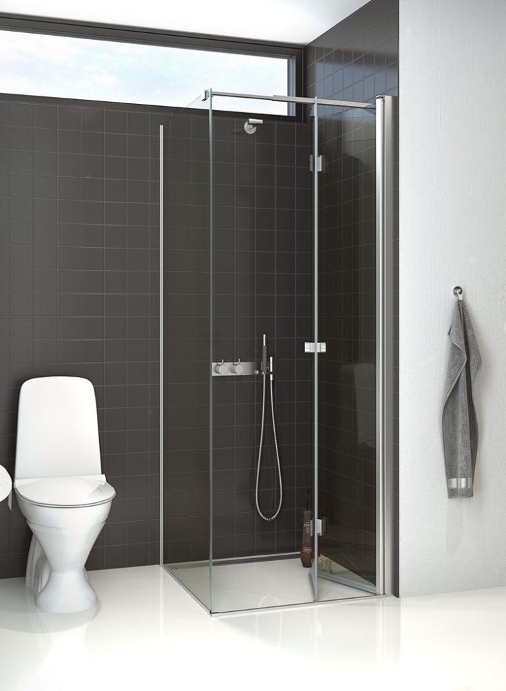 Dansani Match brusehjørne, model B+D, dør og væg, 69x69 cm, klart glas, satin profil