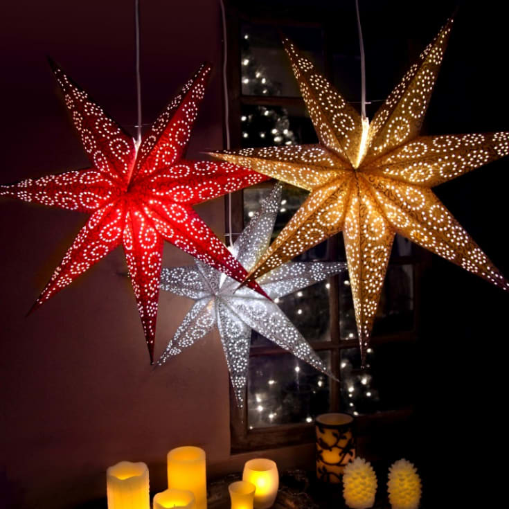 10 st Star Trading Antique adventsstjärna med ljus, 60 cm, röd