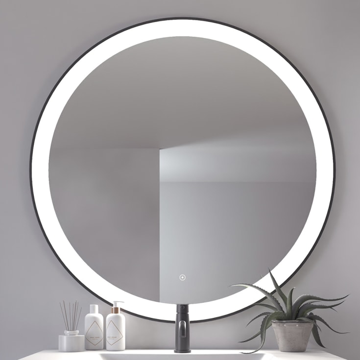 Loevschall Libra spegel med belysning, dimbar, touch, Ø100 cm, svart