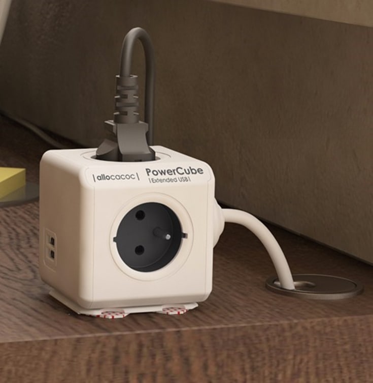 PowerCube grenuttak, schuko, 4 uttak, USB-A, hvit