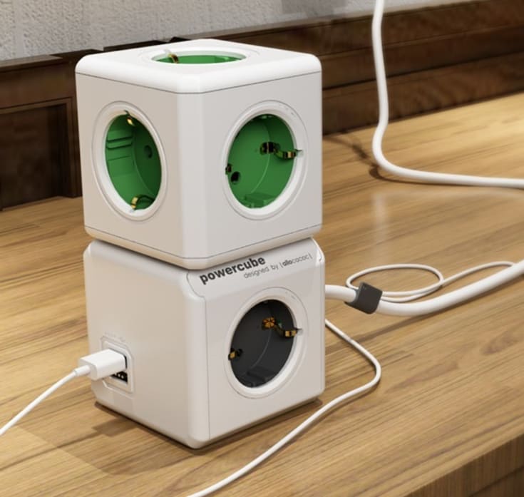 PowerCube grenuttak, schuko, 4 uttak, USB-A, hvit