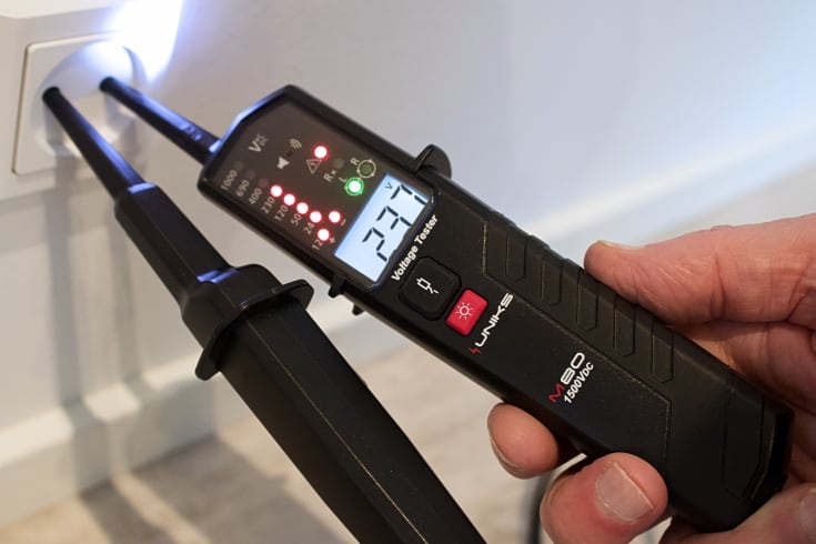 Spenning, anmeldelse, RCD, polsøker, fasesekvens, lampe, Uniks M80D