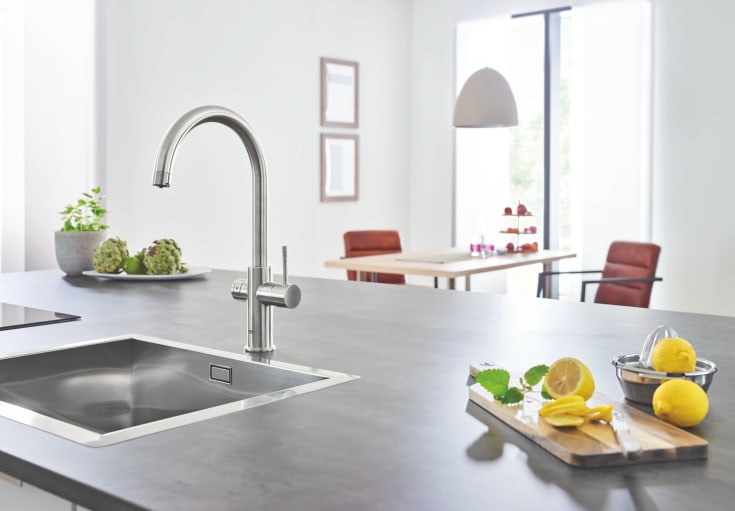 Grohe Blue Home kjøkkenarmatur, avkjølt vann, kullsyreholdig vann, stål