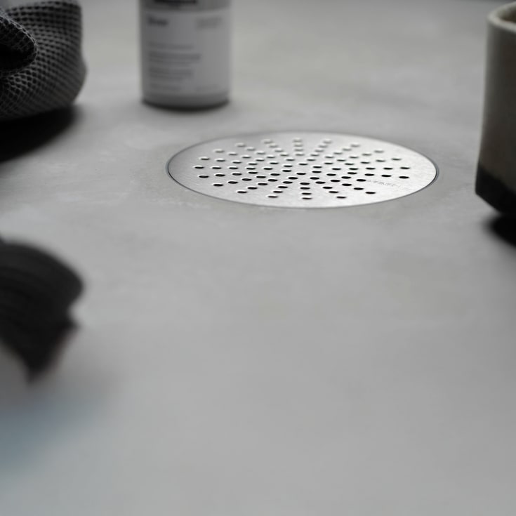 Purus Sun afløbsrist, til microcement, Ø150 mm, børstet rustfrit stål