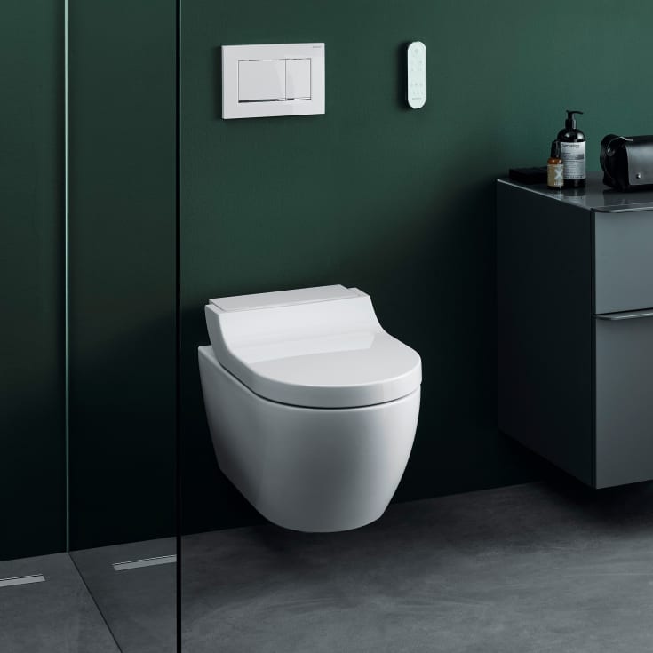 Geberit AquaClean Tuma Comfort dusjtoalett, uten skyllekant, rengjøringsvennlig, hvit/hvit glass