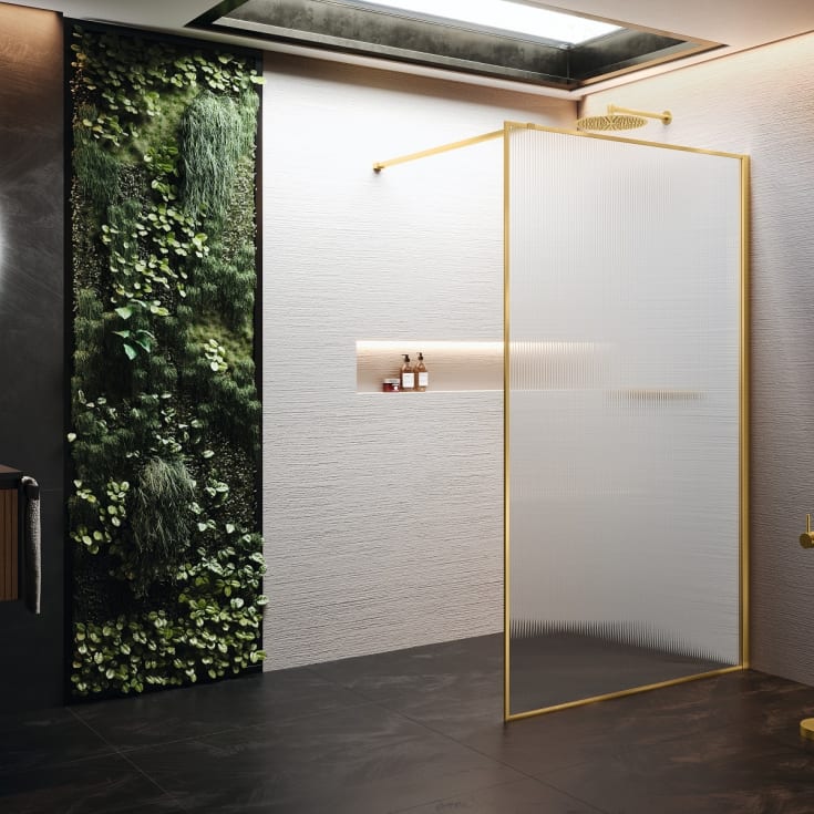 Novellini HP ART fastvegg, 117-118,5 cm, rillet glass, børstet messing profil