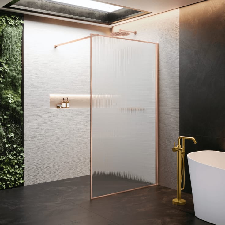Novellini HP ART fastvegg, 97-98,5 cm, rillet glass, børstet kobber profil