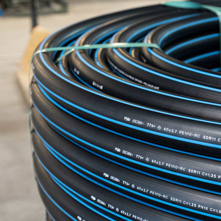Hallingplast trykkrør PE100RC blå stripe, 50 mm, SDR11, kveil á 150 m
