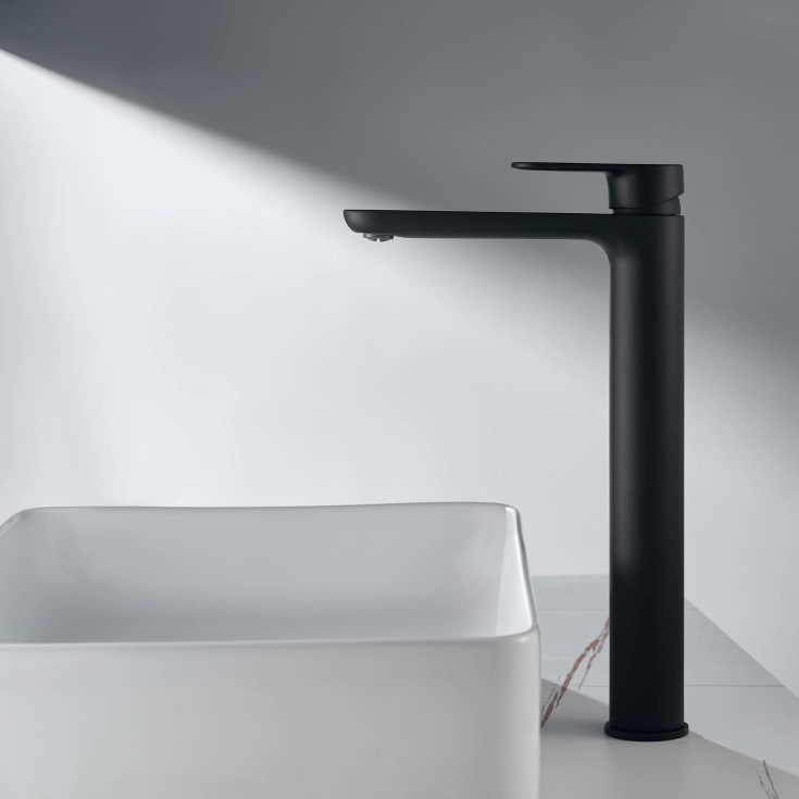 Bathlife Lyster servantbatteri, uten bunnventil, høy modell, sort matt