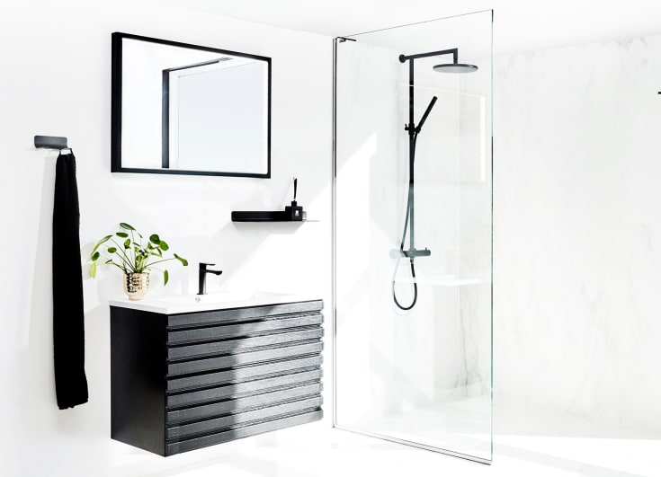 Cassøe Slim brusevæg, 90 cm, klart glas, aluminium profil