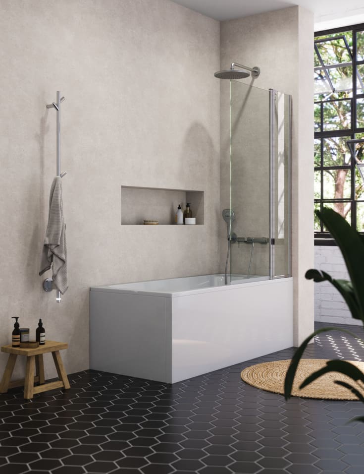 Dansani Match badekarsvegg, modell H, 95 cm, klart glass, krom profil