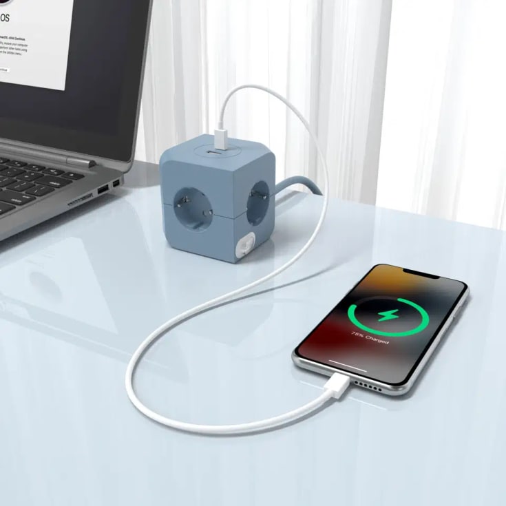 4 stk E-line Cube stikdåse, 4 udtag, USB A+C, blå
