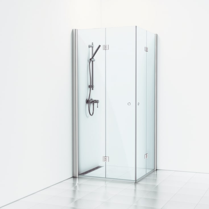 Svedbergs Skoga brusehjørne, 69x79 cm, klart glas, mat aluminium profil