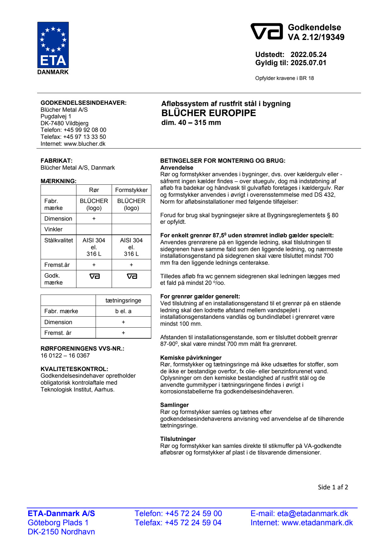 10 stk 82 mm WC-tilkobling syrefast AISI316L/EN1.4404 Blücher Backuptype - VVS