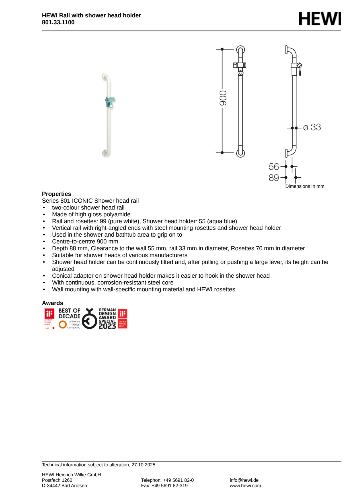 Hewi 801 - Støttegreb/Brusestang - 90 cm - Hvid/Blå