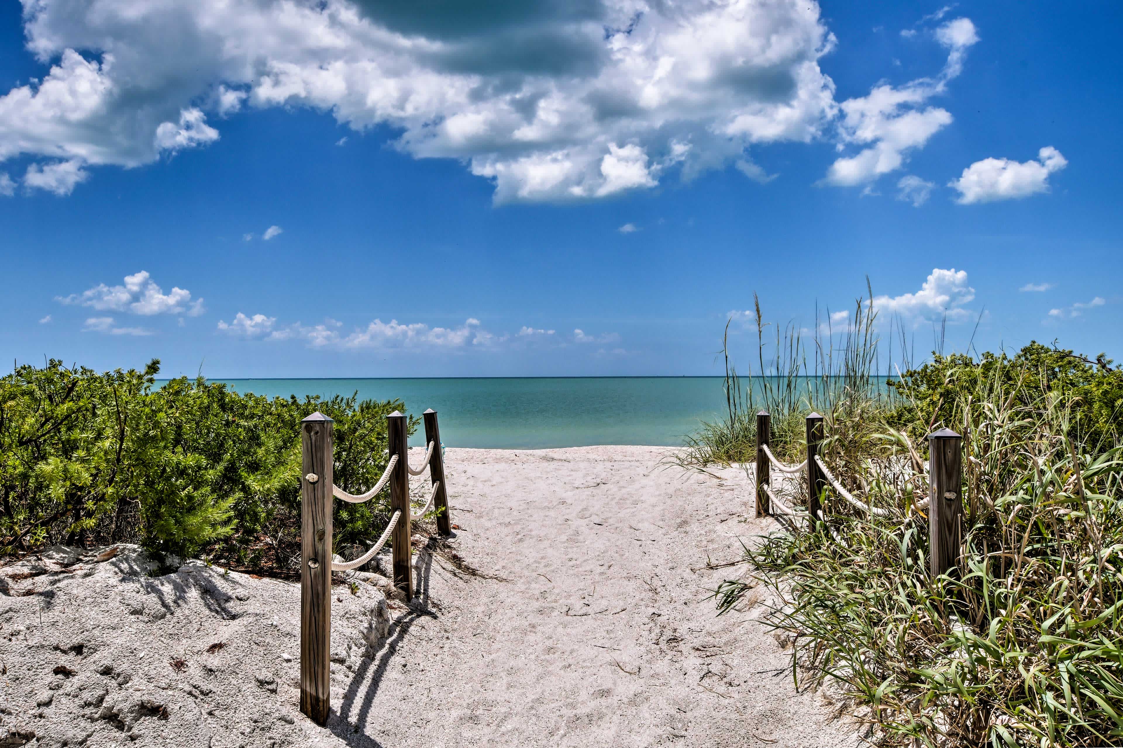 View of Bonita Springs, FL with beach grass in the foreground and an ocean view with blue skies in the background