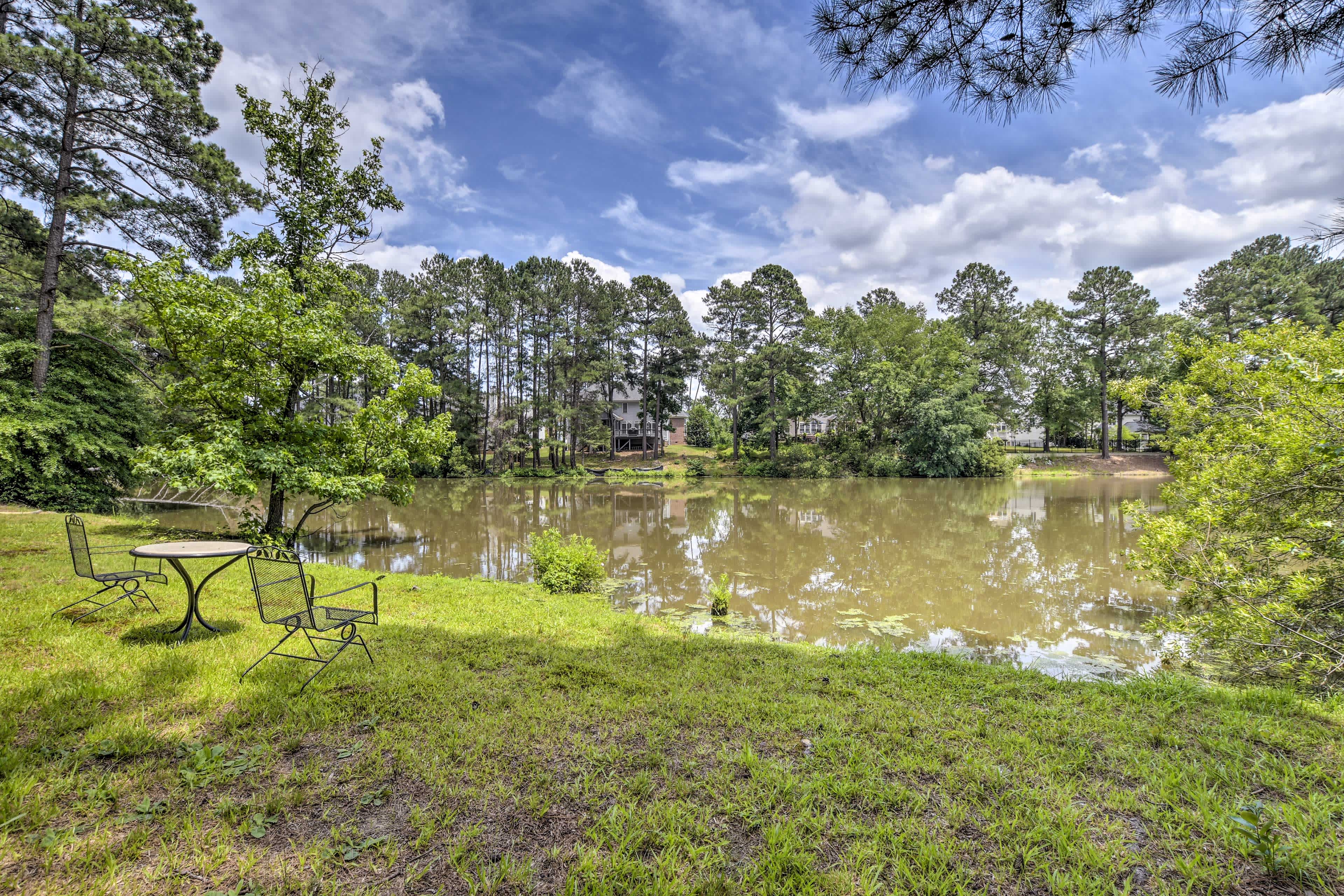 View of green marshland surrounded by foliage and cloudy skies in Durham, NC