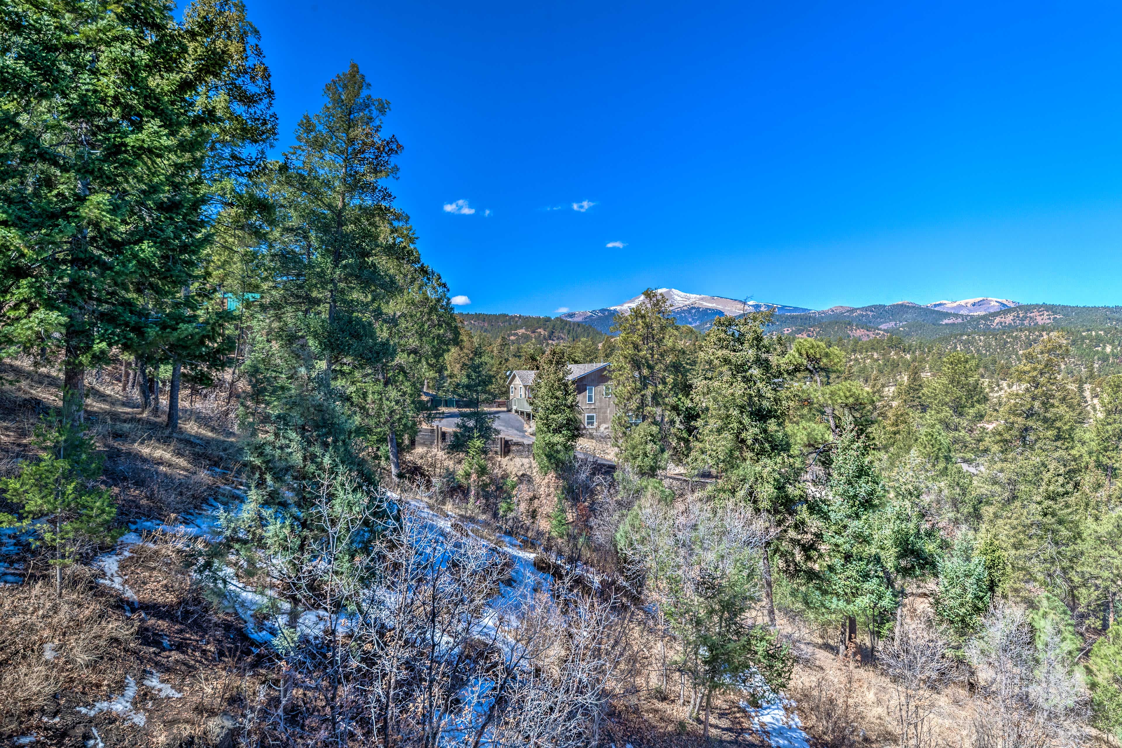 Aerial view of a forest in Ruidoso, NM with mountain view in the background