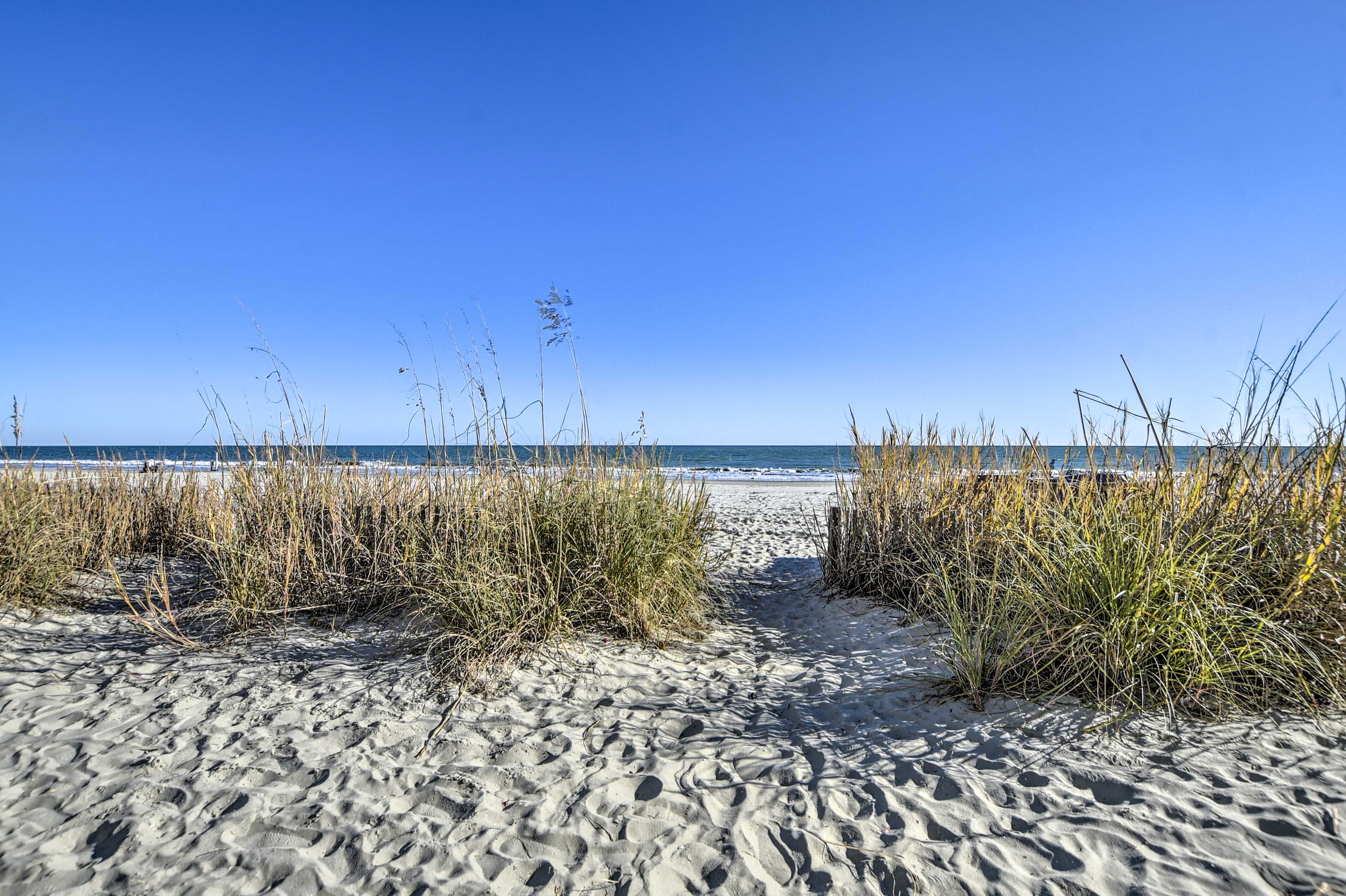 View of a sandy beach, ocean, and blue sky in North Myrtle Beach, SC