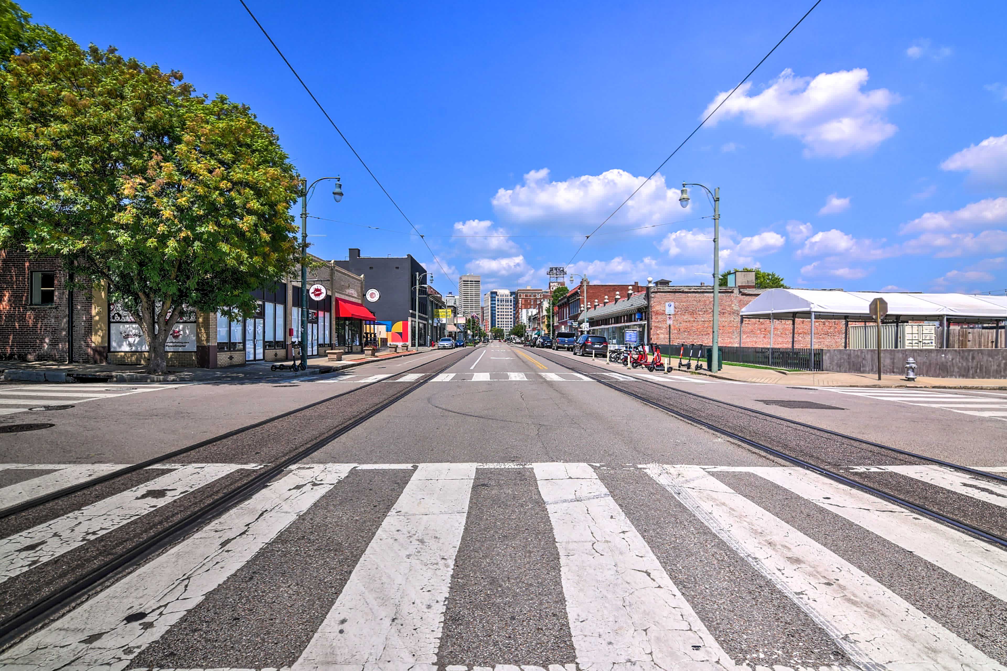 Street view looking towards downtown buildings in Memphis, TN