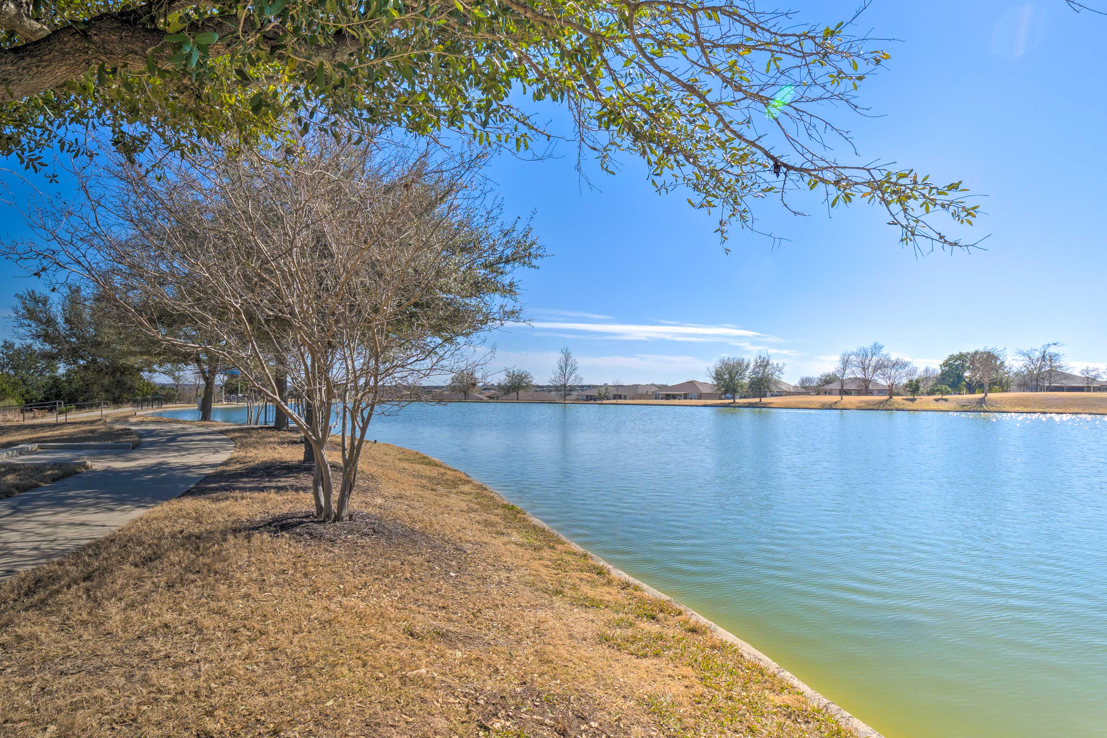 View of a blue sky, small pond with trees, and paved walking path on the left in Georgetown, TX