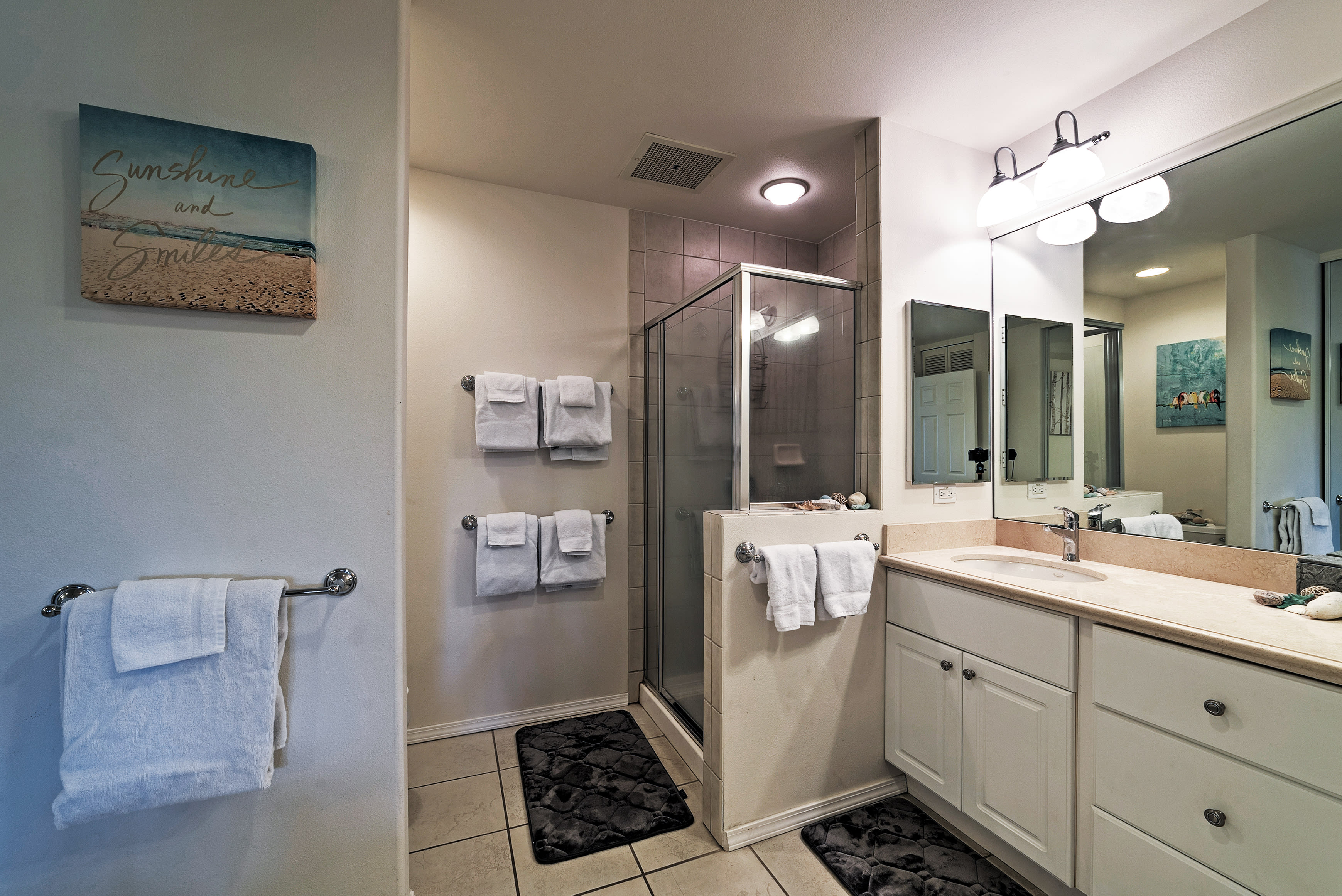 Clean off in the walk-in shower or the bath tub in the master ensuite.