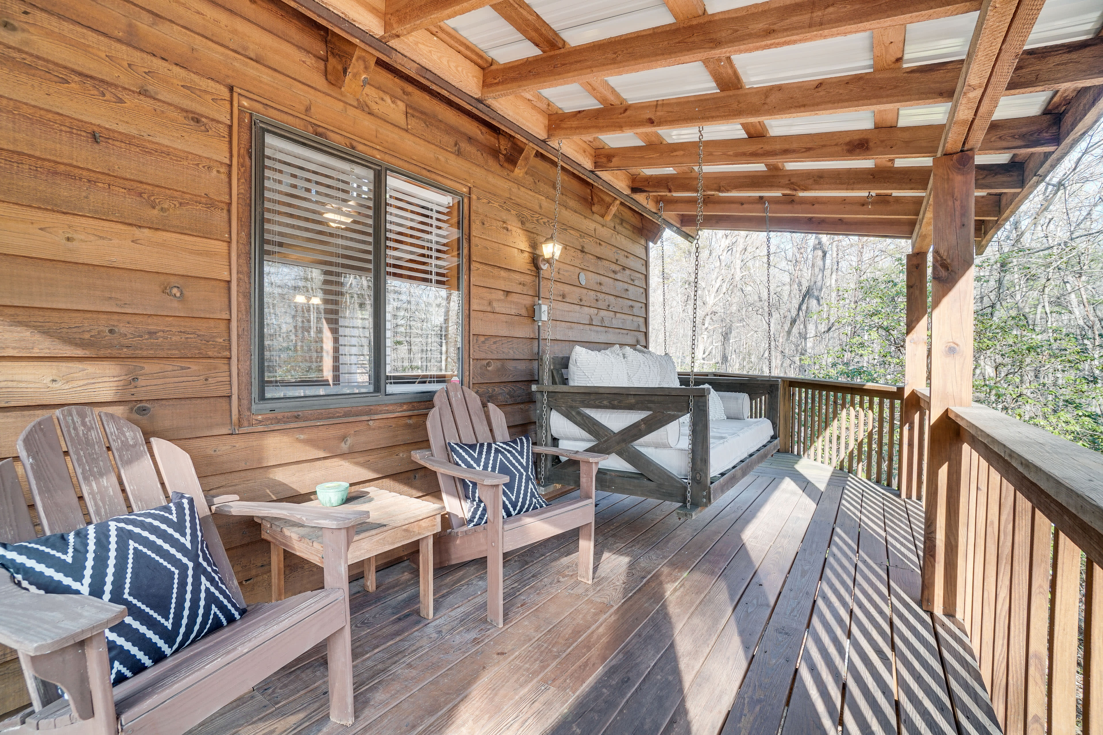 Covered Deck | Swing & Seating | Forest Views