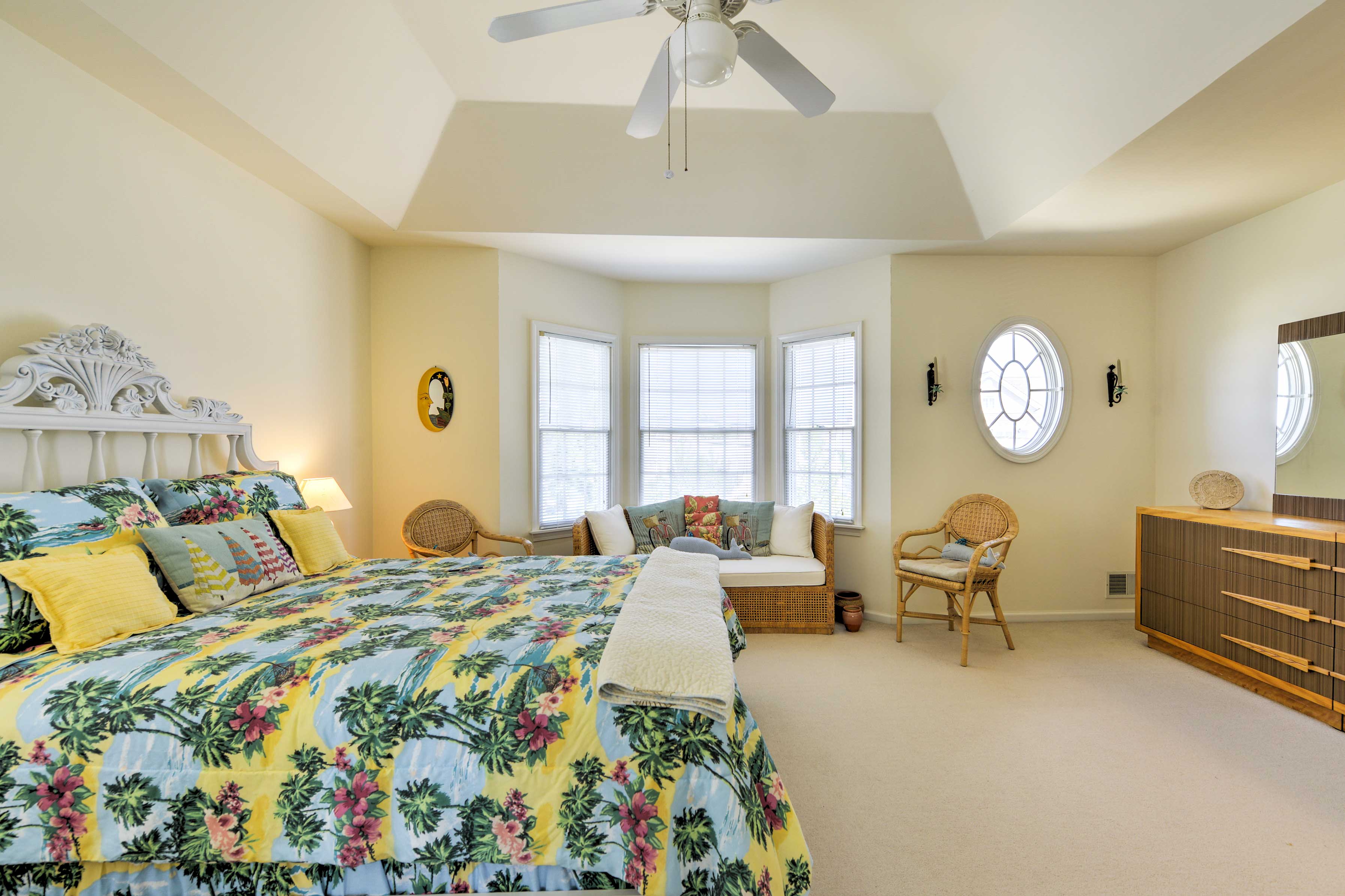 Vaulted ceilings add extra depth to the space.