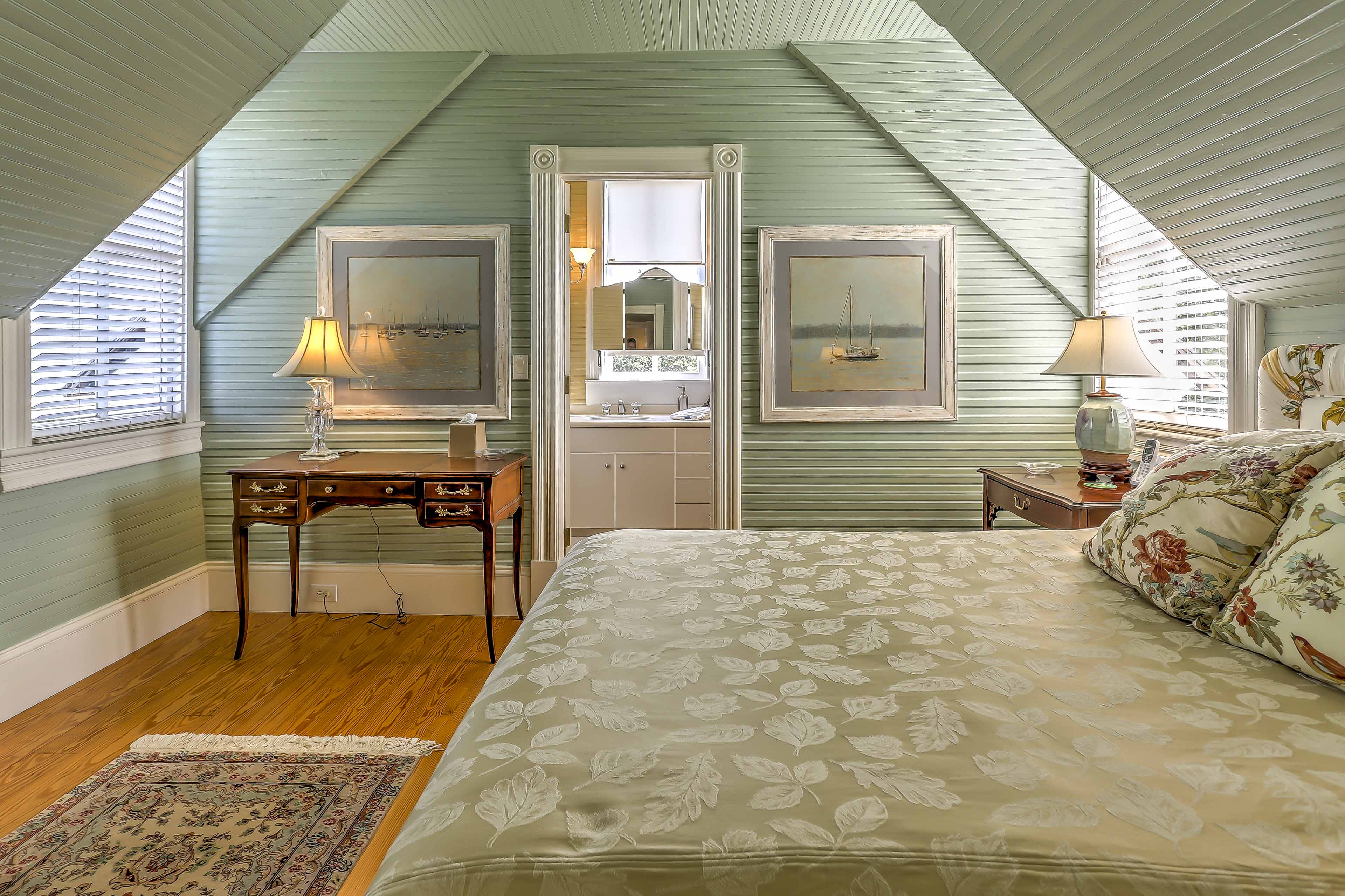 Curl up in this queen-sized bed for a full night's rest.