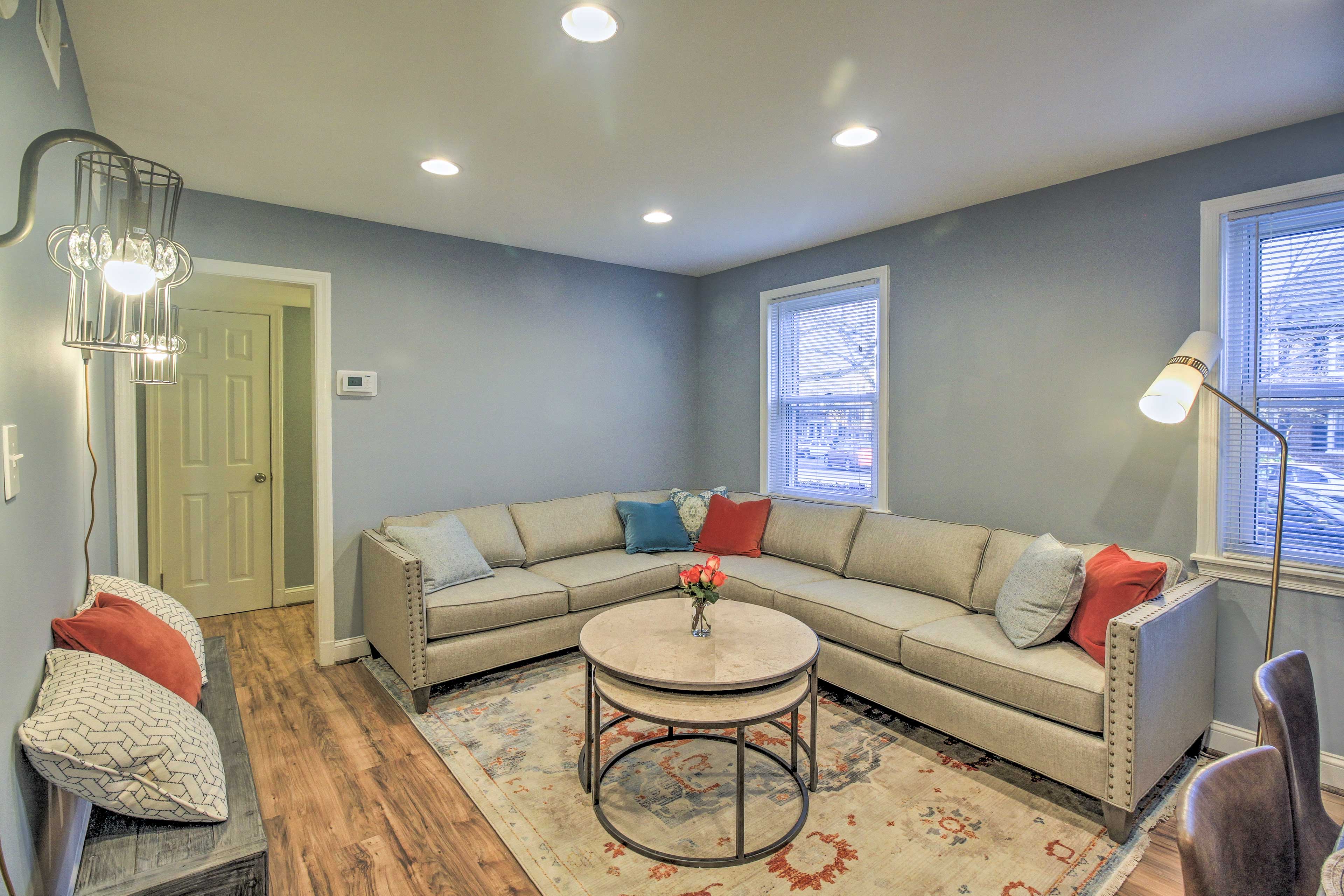 Kick back and relax on the L-shaped living room couch.