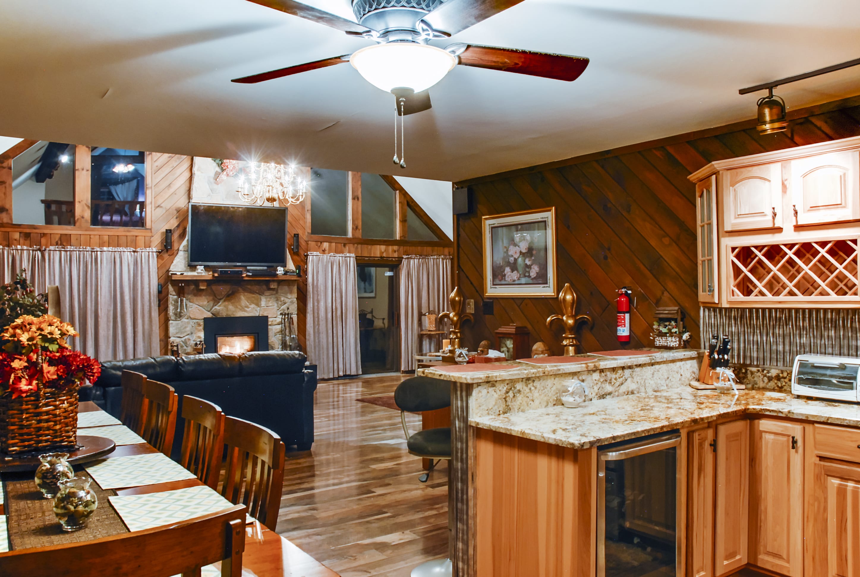 The living room opens up into the fully equipped kitchen.