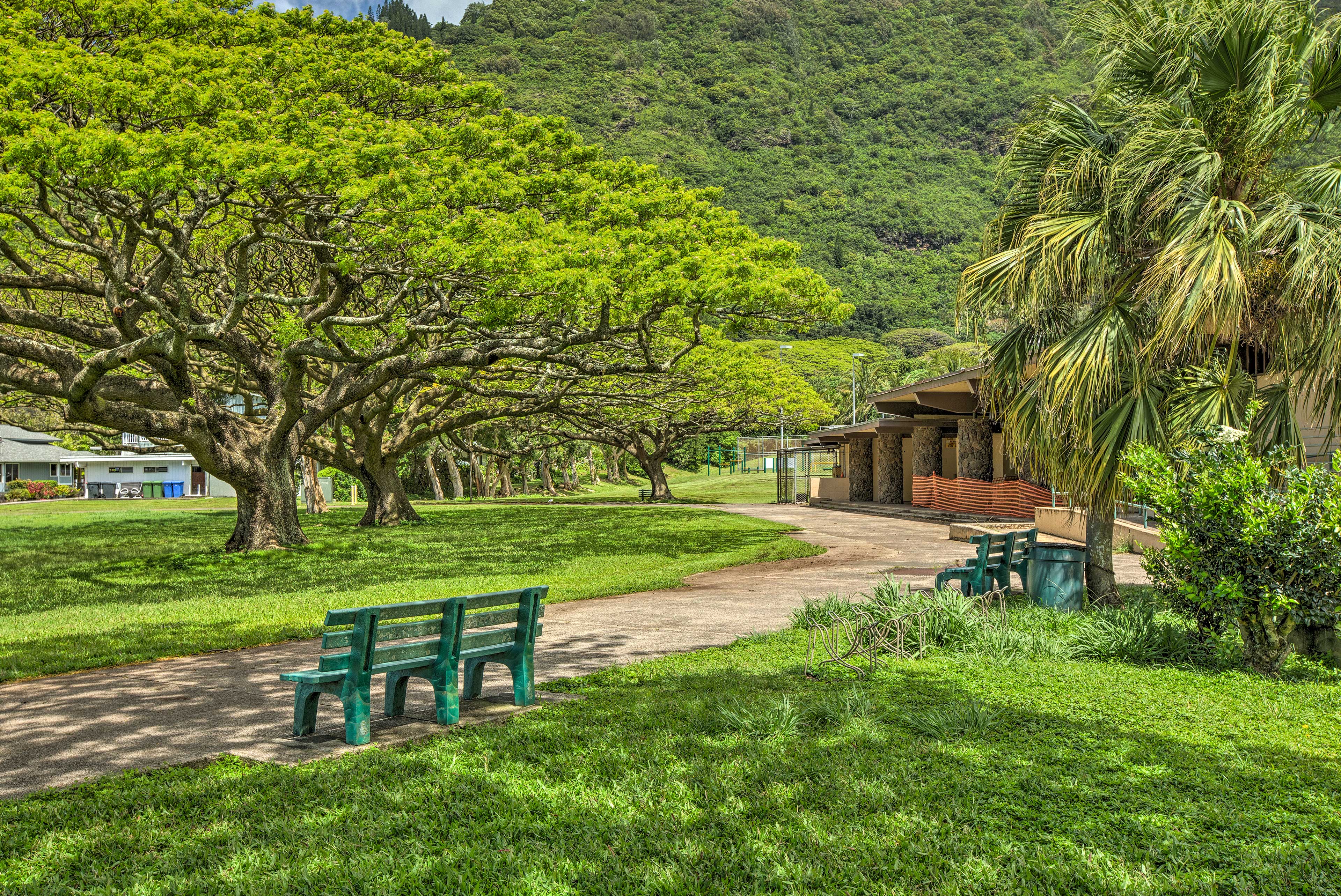 There are sidewalks leading to the community amenities.