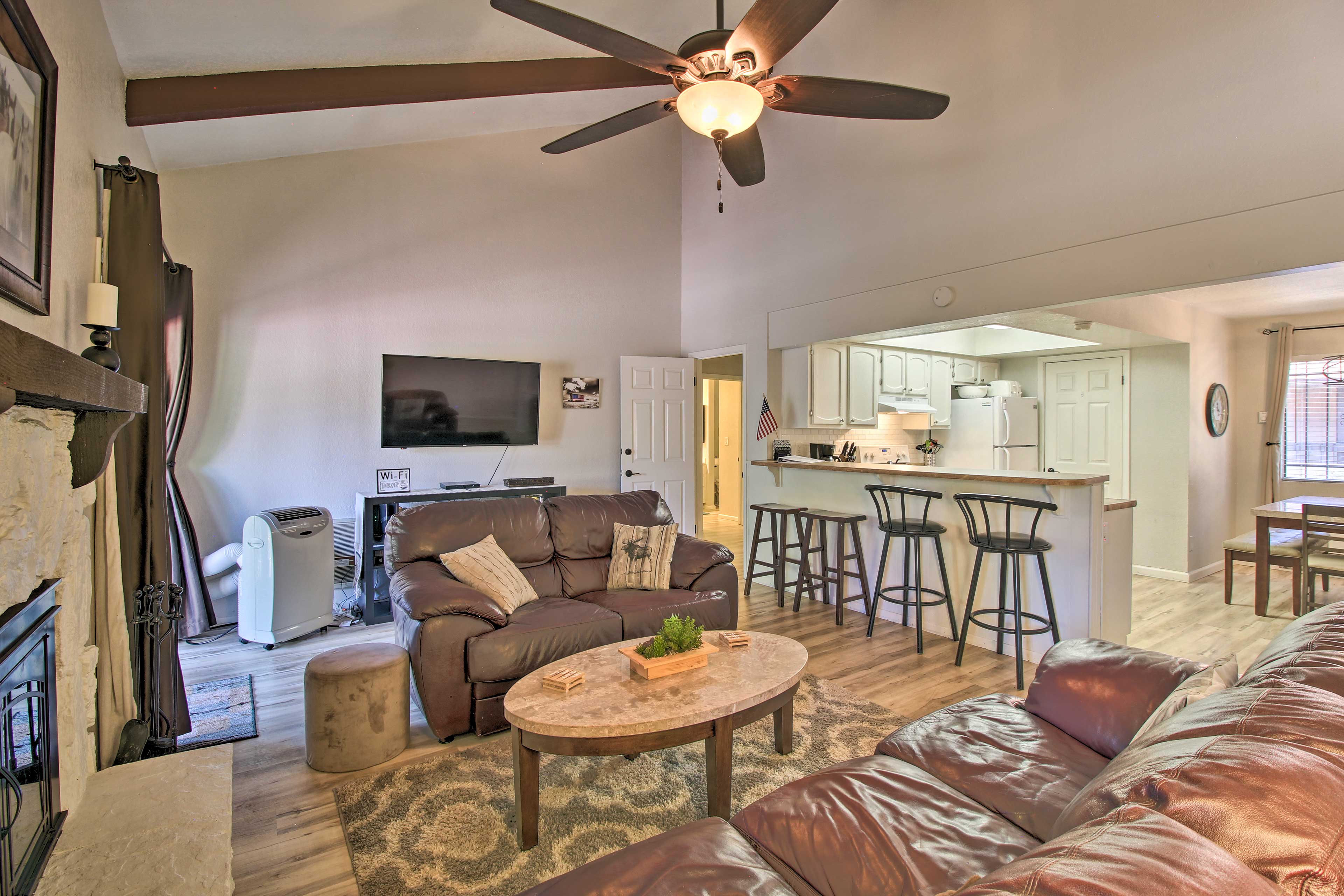 Living Room | Wood-Burning Stone Fireplace