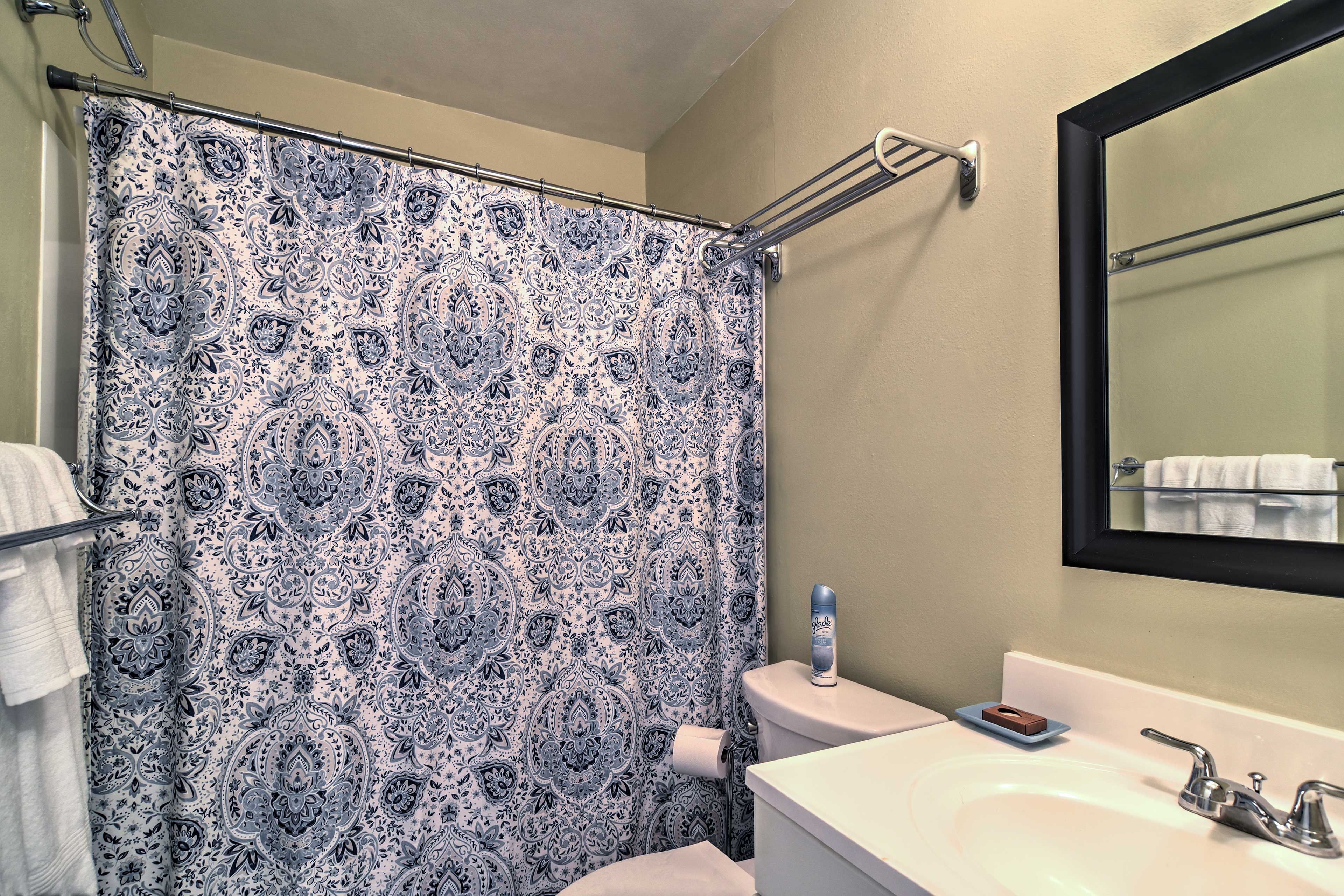 The bathroom includes a shower/tub combo for the group to share.