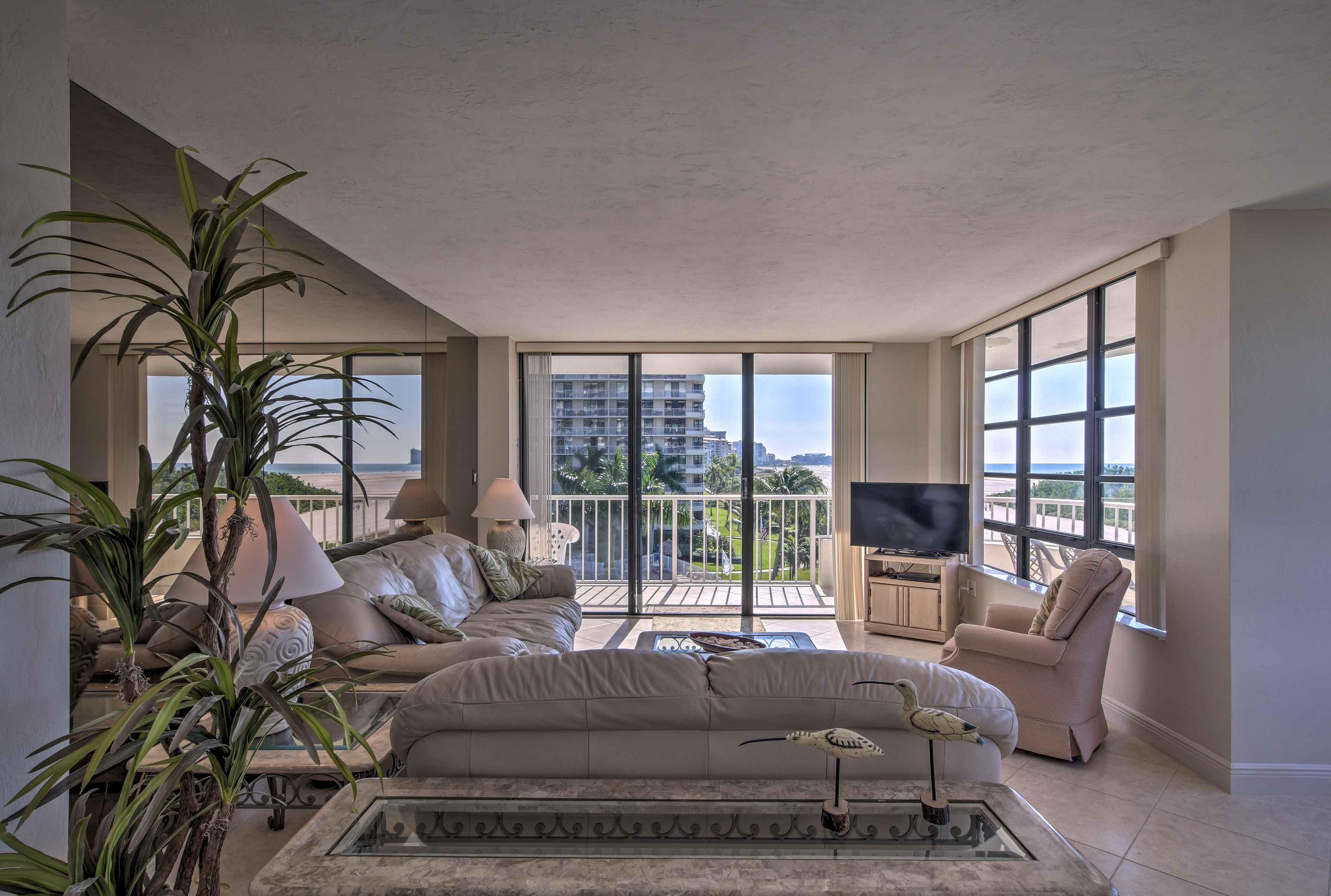 The living area offers gorgeous beach views.