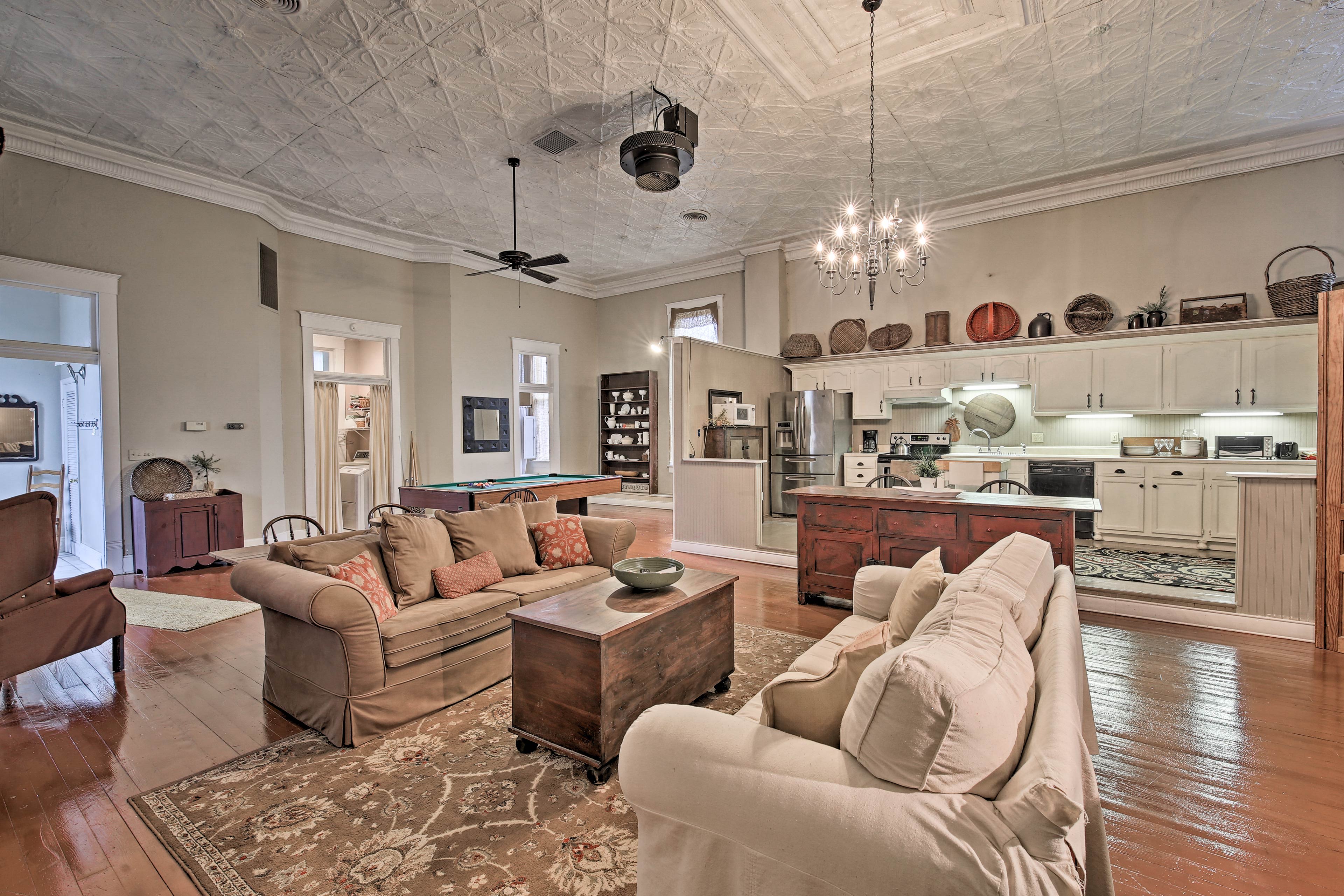 The unique ceiling adds charm to the space.