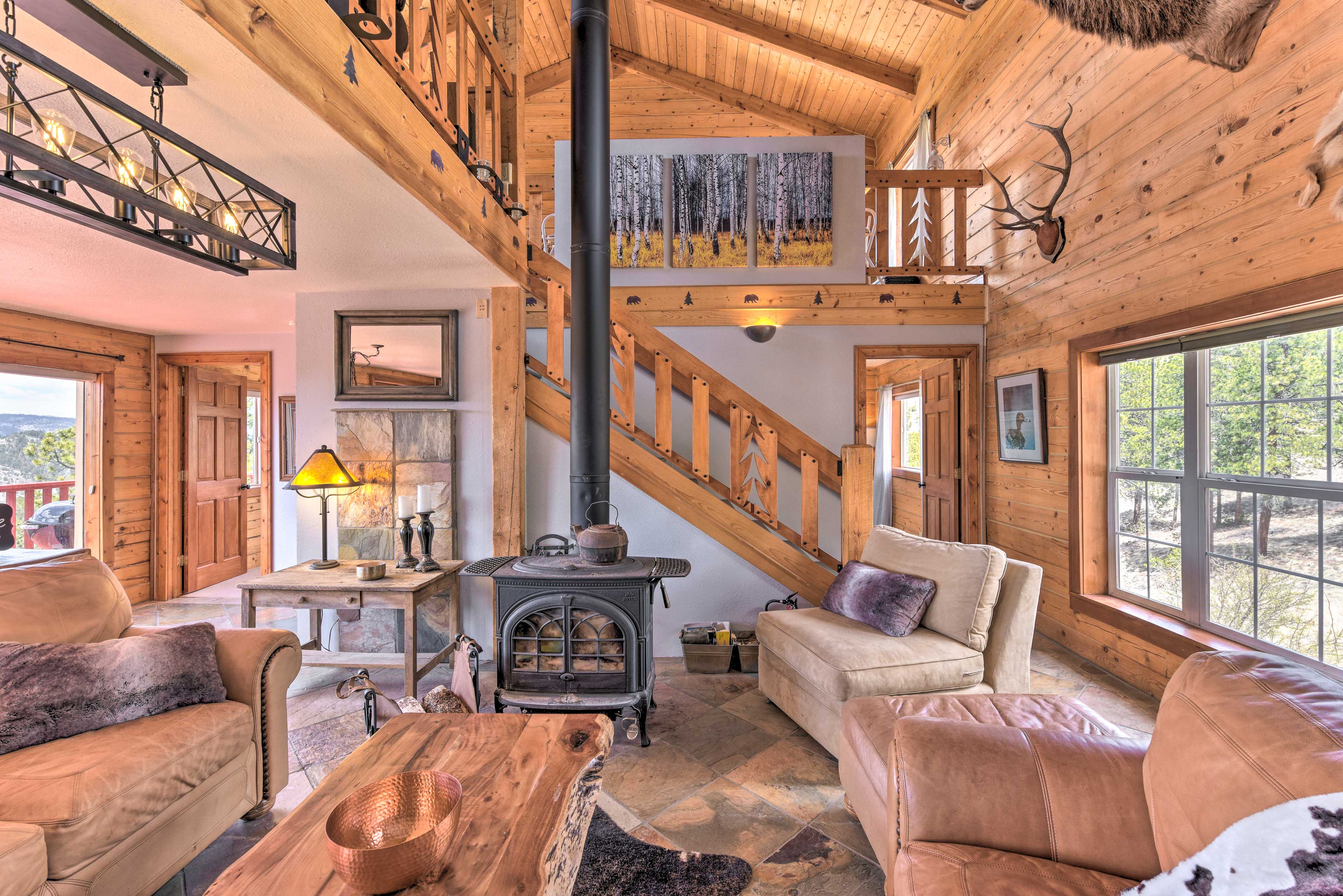 Wooden accents and tile flooring complete this room.