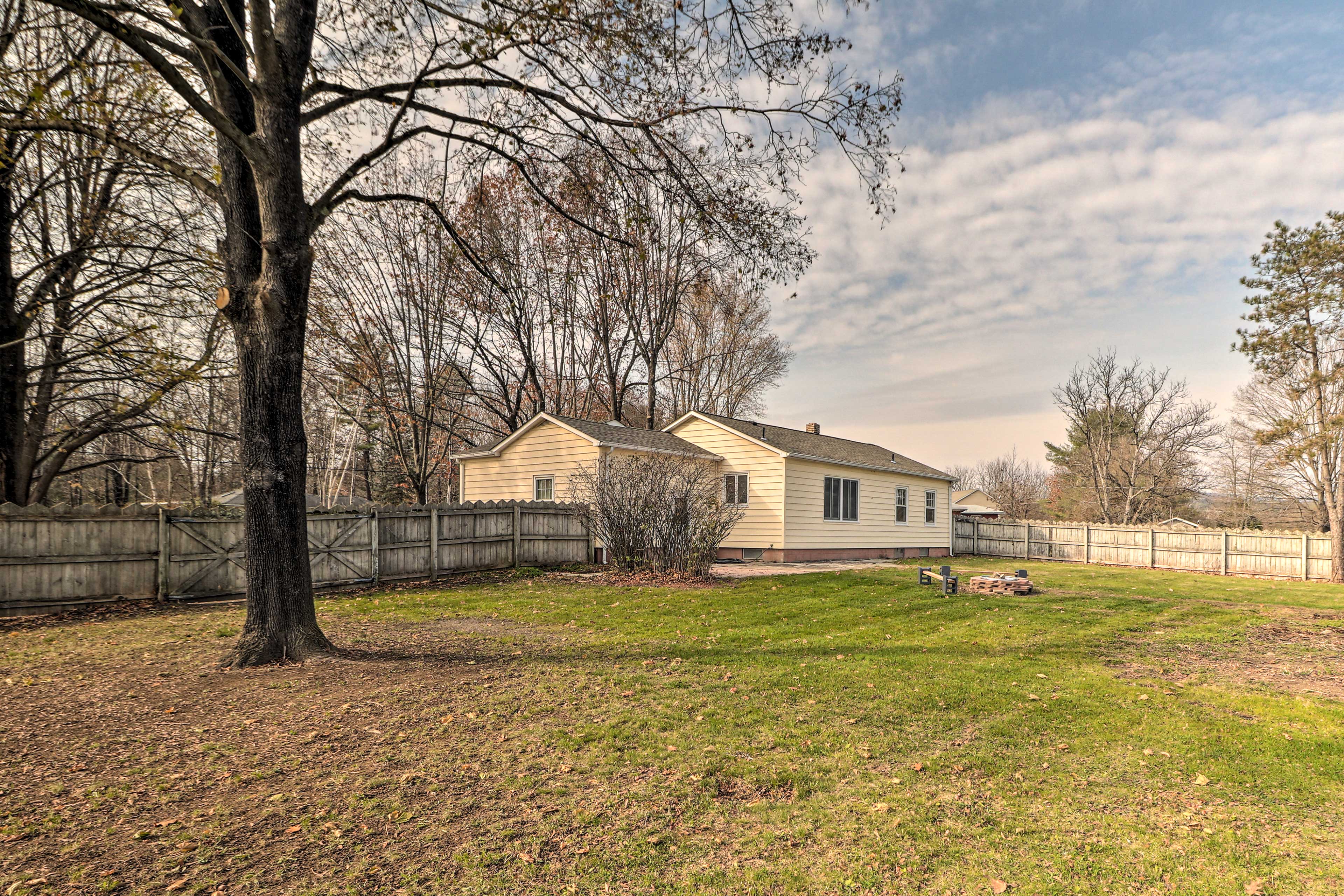 This rural escape also features a fire pit.