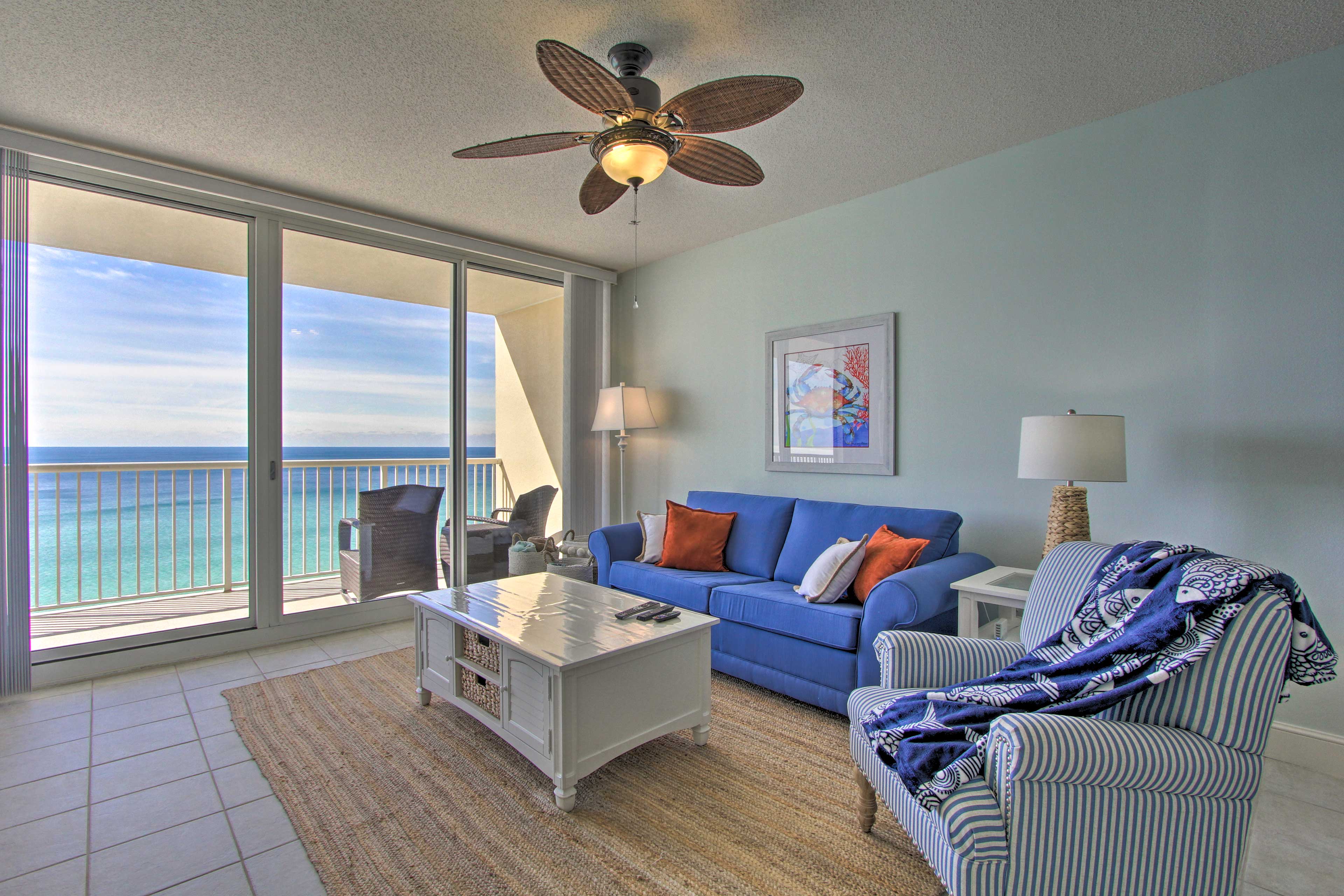Hang out together in the breezy 9th-floor living room of this condo!