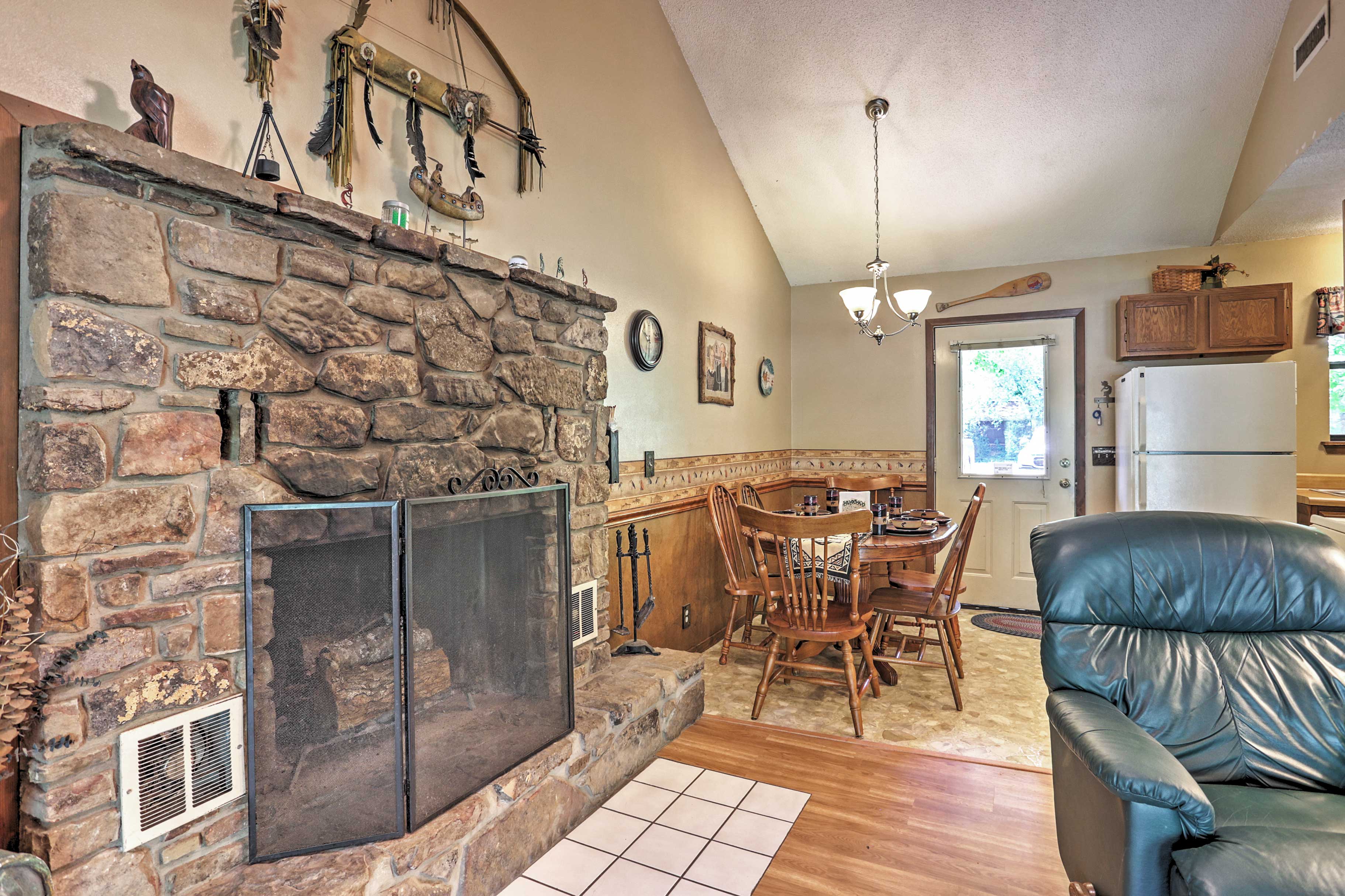 Cozy up with your significant other next to the stone fireplace.