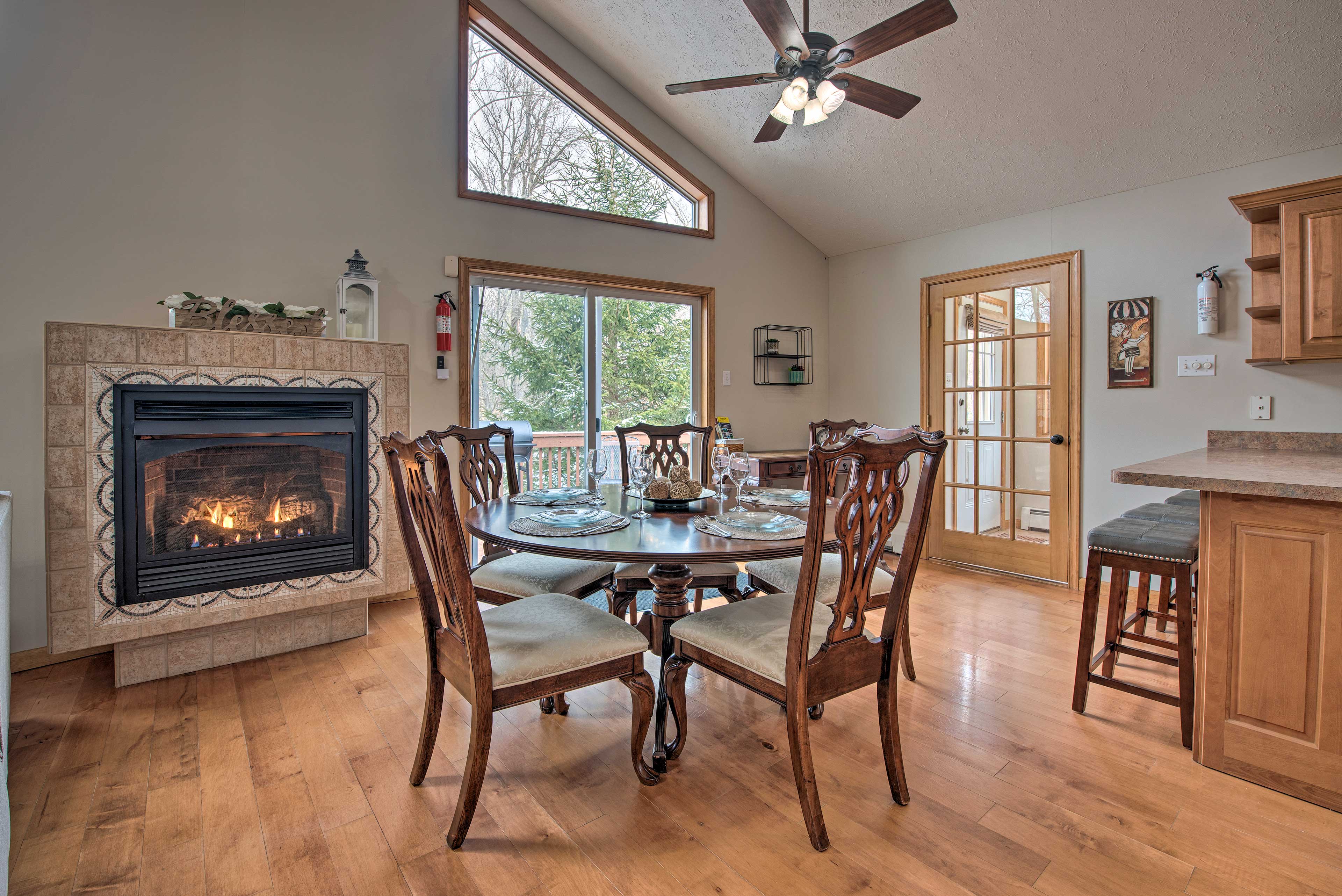 The fireplace will keep the space nice and cozy on a cold day.