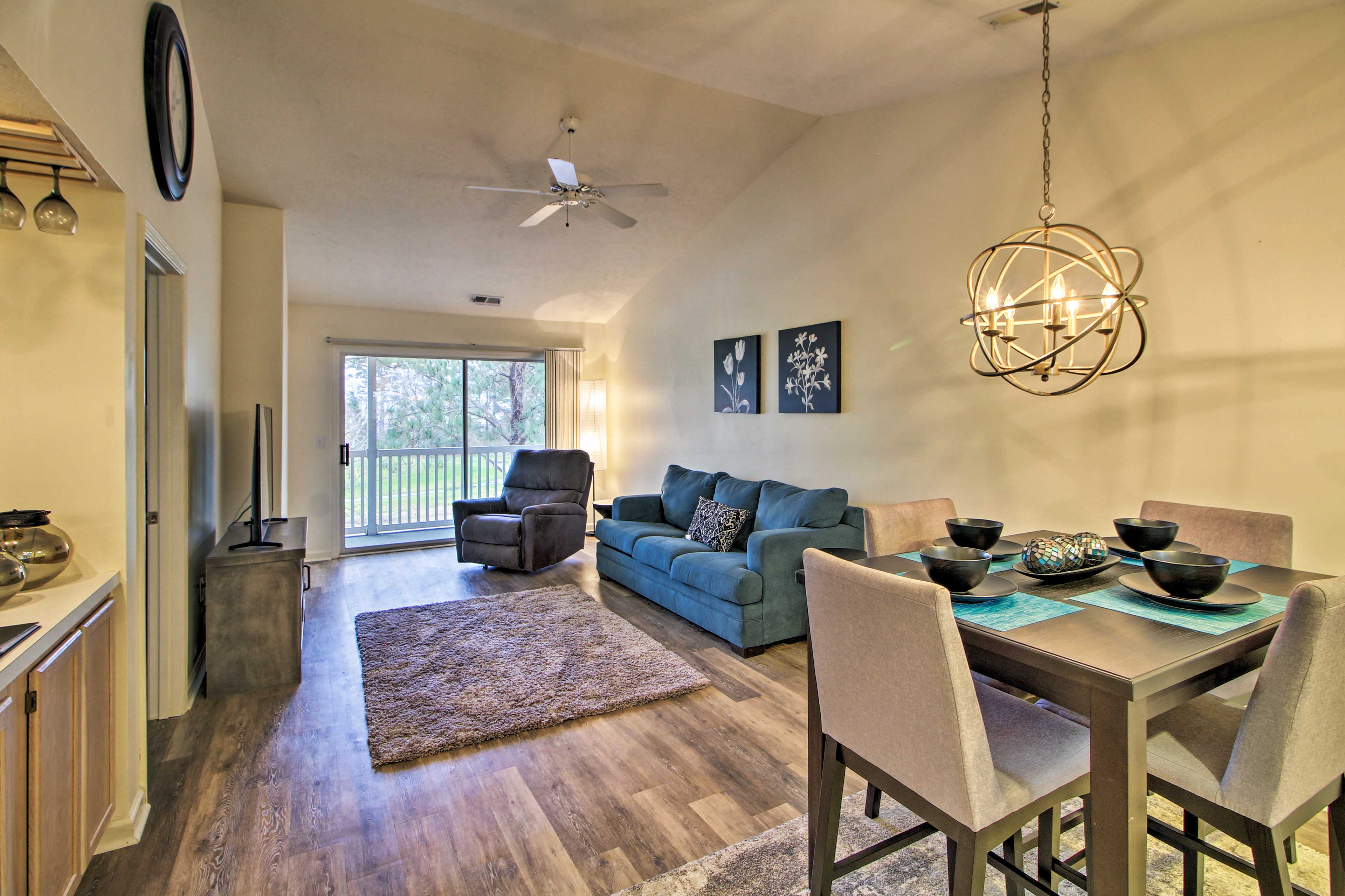 The condo features vaulted ceilings and new furnishings and flooring.