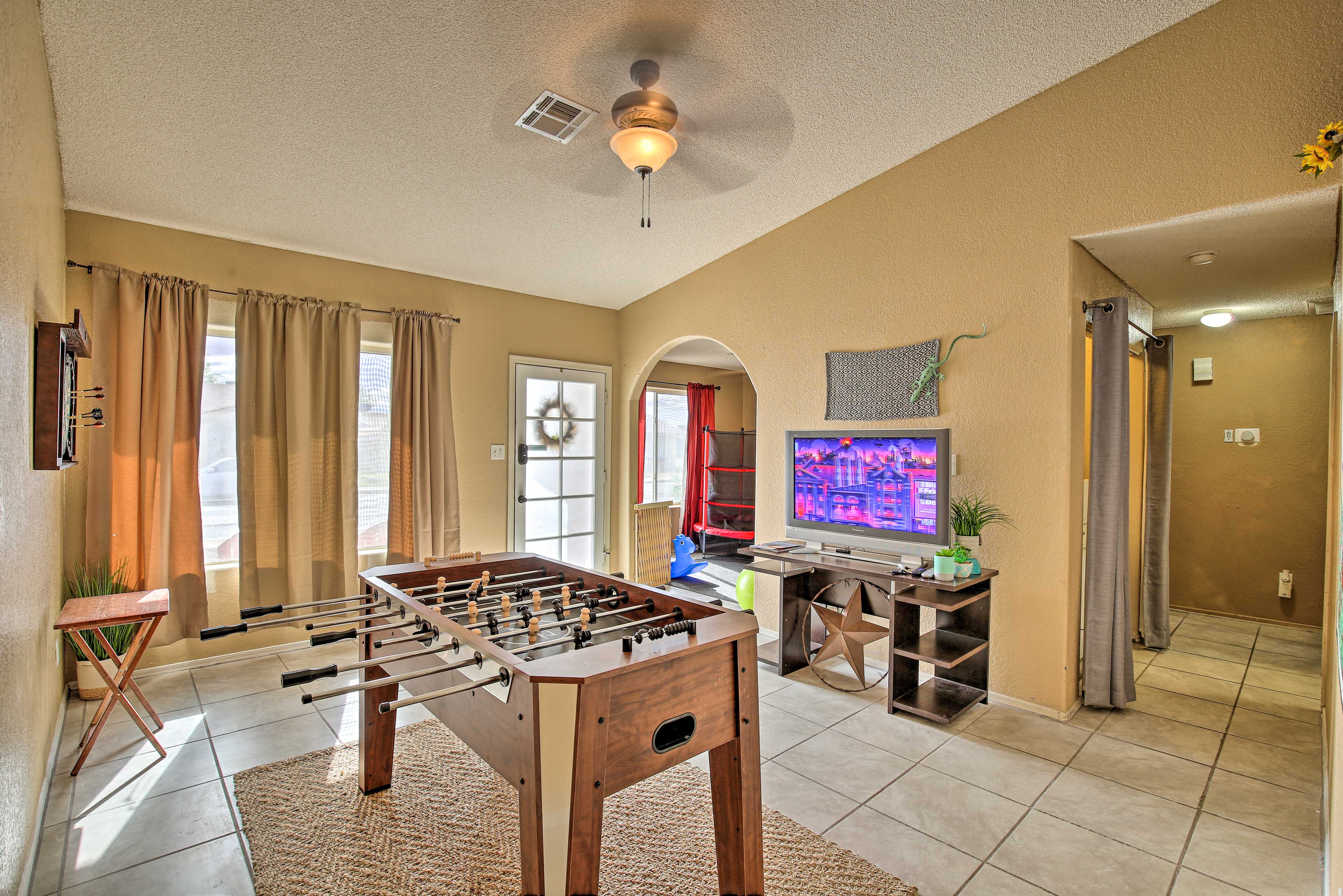 Play foosball and watch movies on the TV after your adventures.