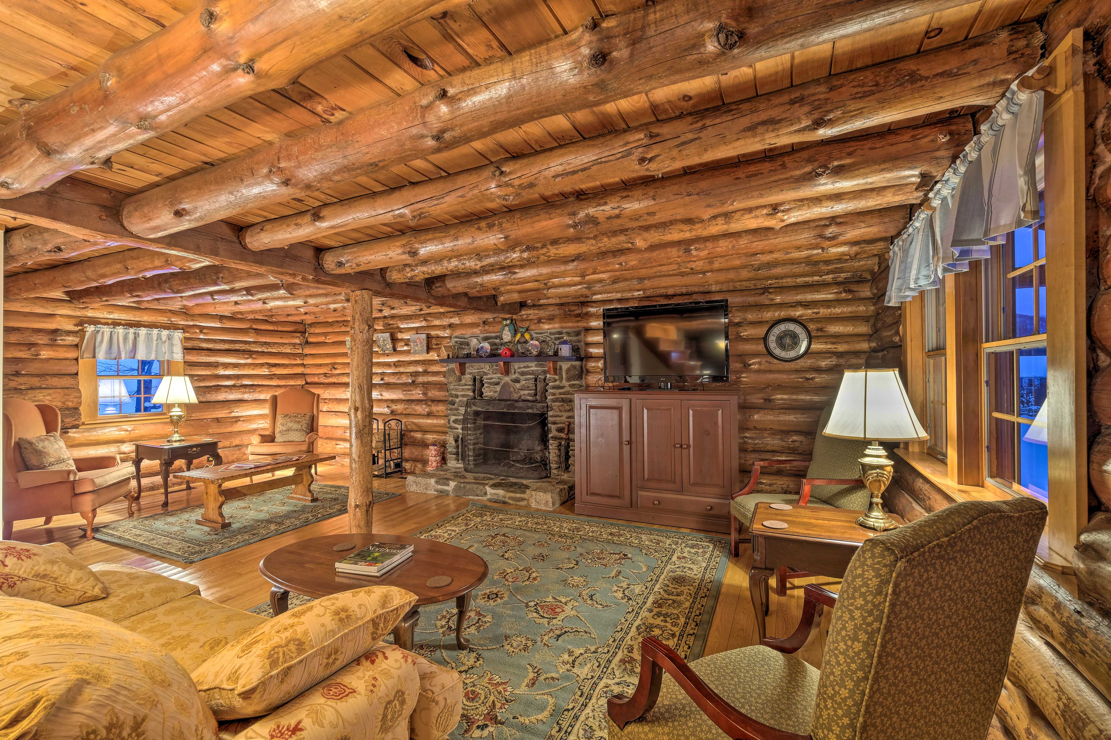 After a day outdoors, cuddle up in front of the fireplace and flat-screen TV.