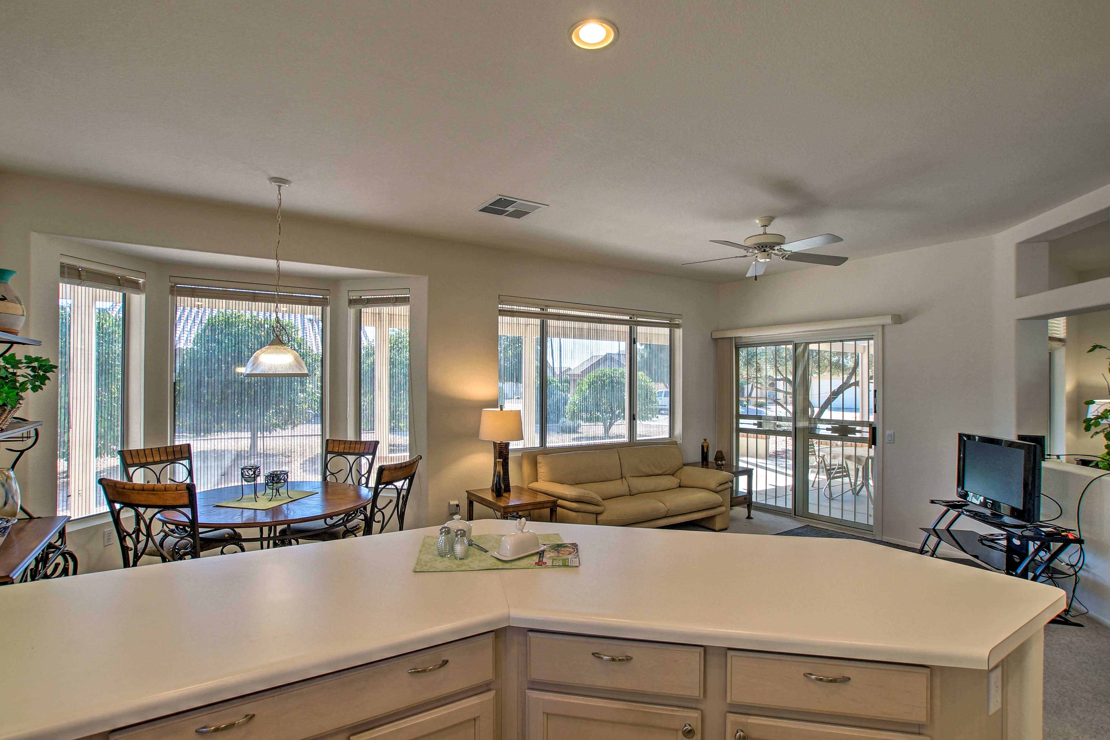 Entertain guests while serving meals from the breakfast bar.