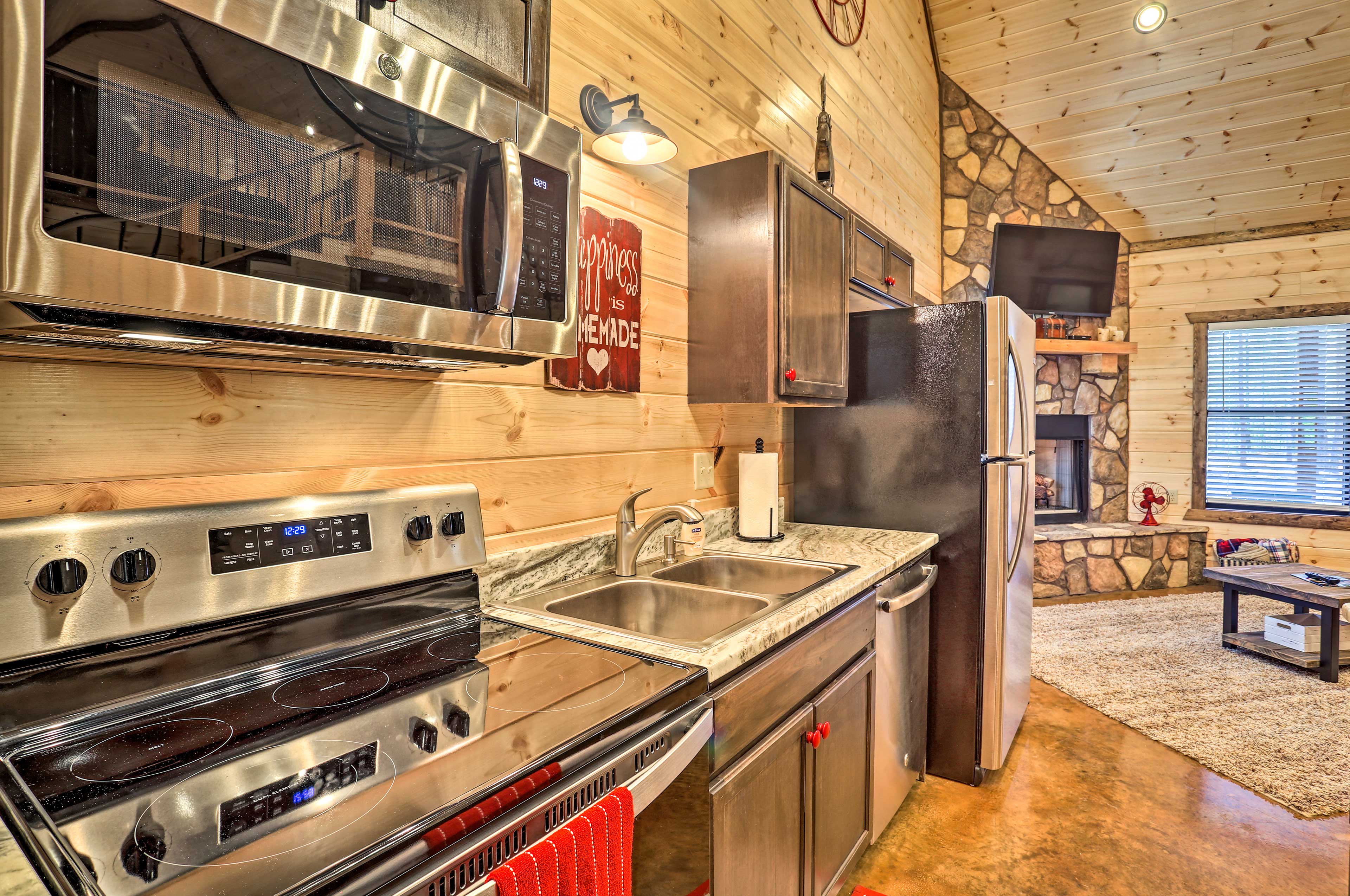 Stainless steel appliances complement the updated kitchen.