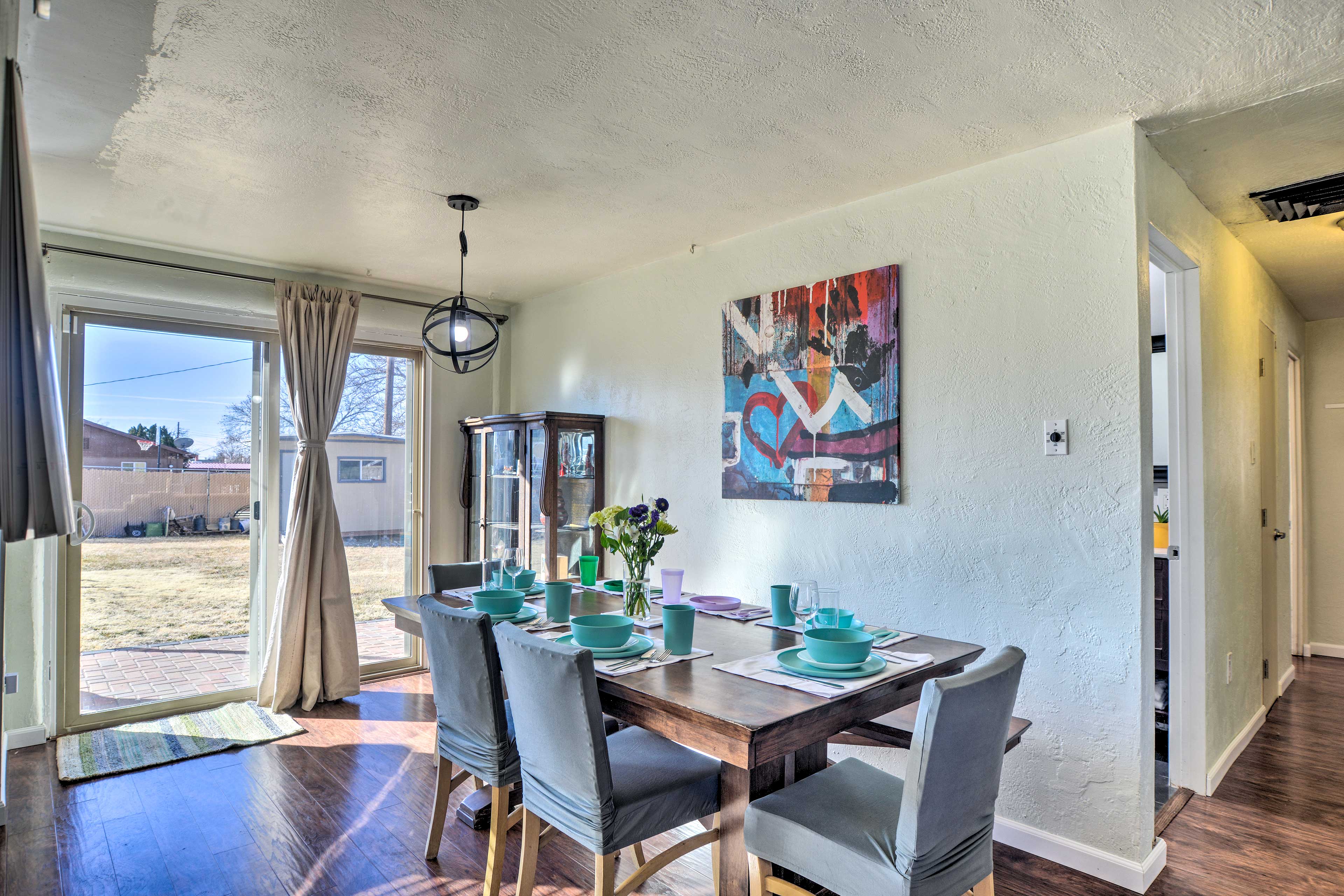 Walk out to the patio through the dining room.